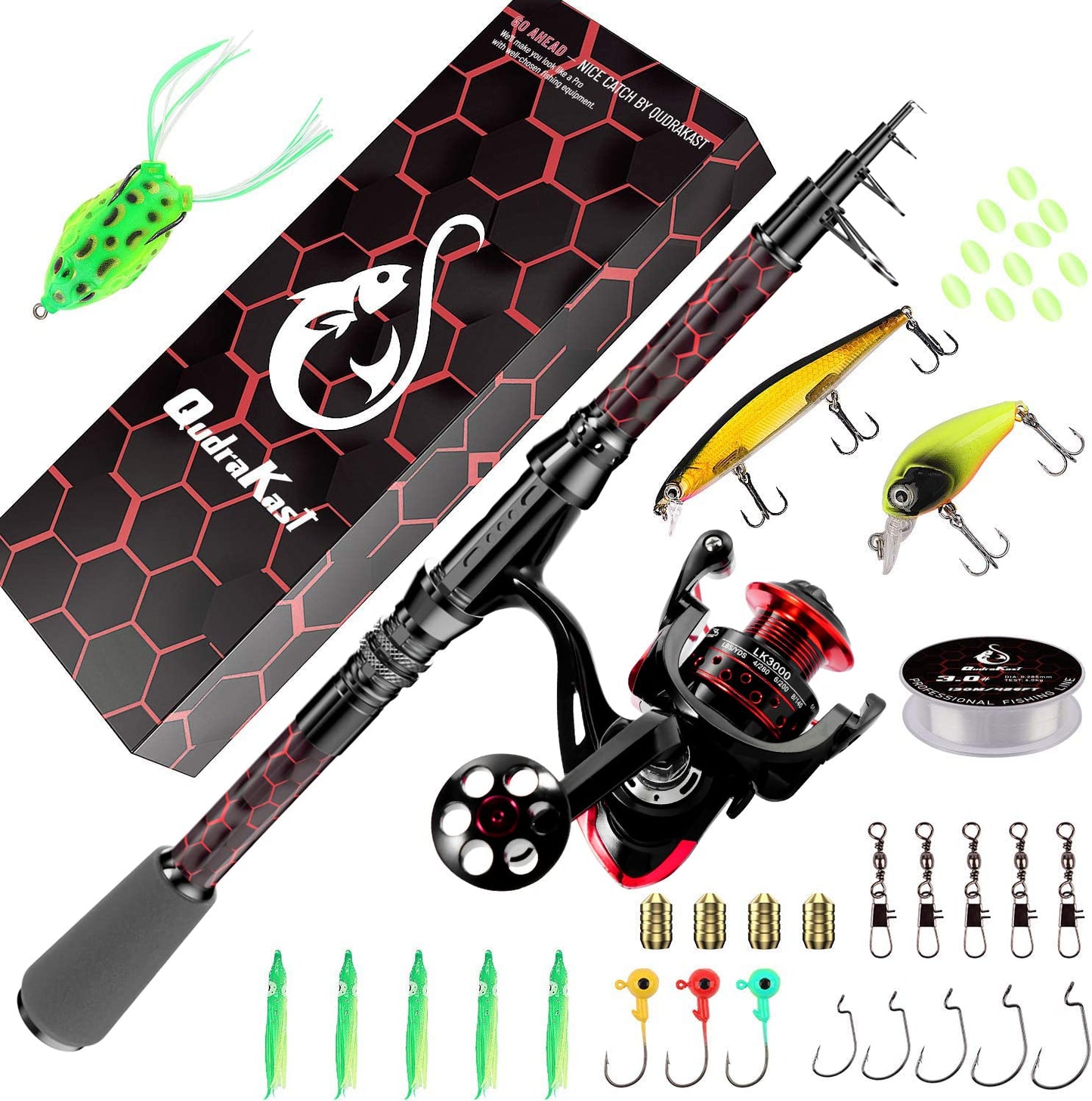 Fishing Rod and Reel Combos, Unique Design with X-Warping Painting, Carbon Fiber Telescopic Fishing Rod with Reel Combo Kit with Tackle Box, Best Gift for Fishing Beginner and Angler