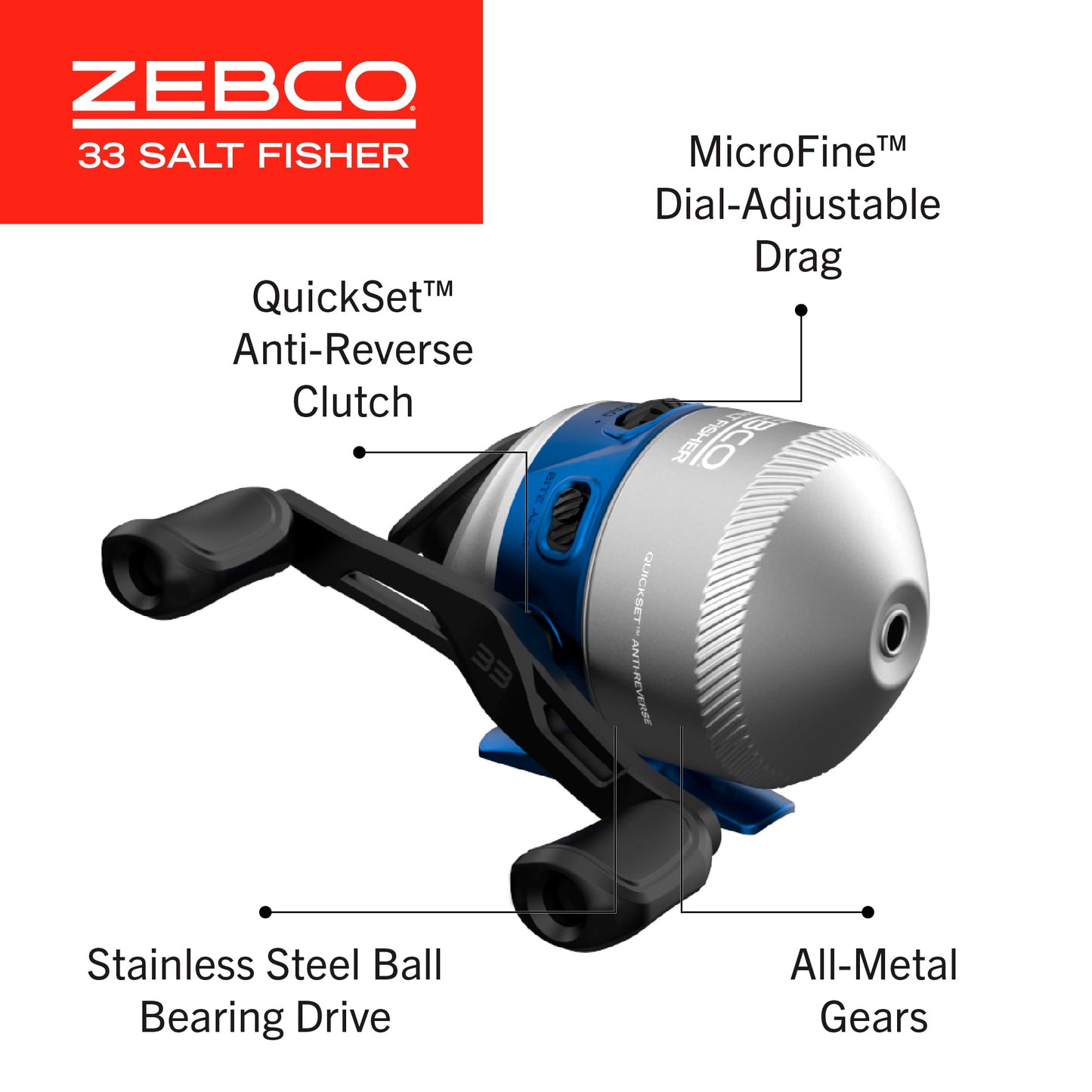 Zebco Salt Fisher 33 Spincast Reel and Fishing Rod Combo, 6-Foot 6-Inch 2-Piece Medium-Heavy Power, Moderate-Fast Action Fiberglass Rod, Interchangeable Retrieve, 12-Pound Line, Blue/Silver