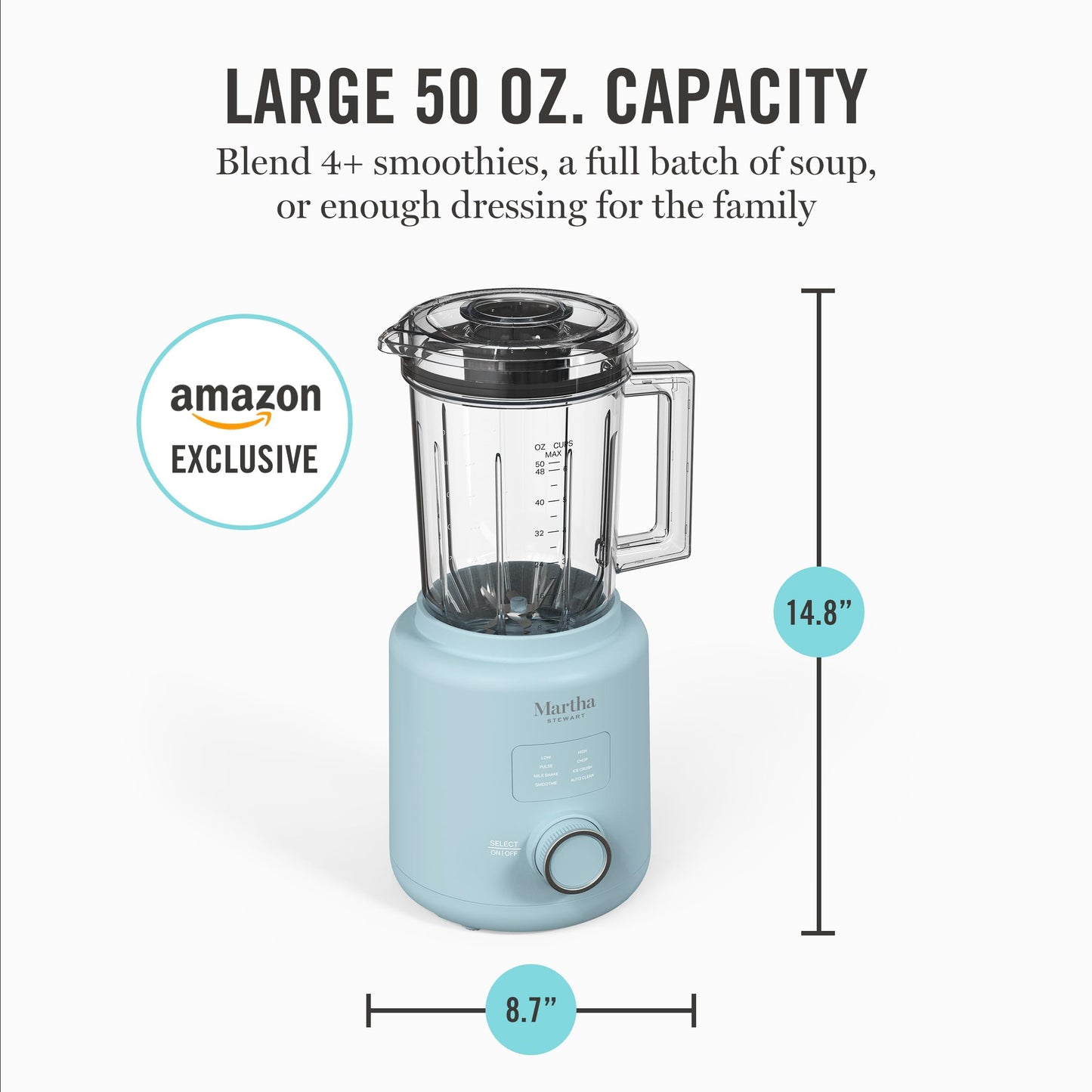 Martha Stewart 50oz Countertop Blender, Smoothie, Margarita & Ice Crushing Blender, BPA-Free Pitcher, 3 Speeds, 5 Presets, Auto-Clean Function, Dishwasher Safe, Stainless Steel Blades, Sky Blue