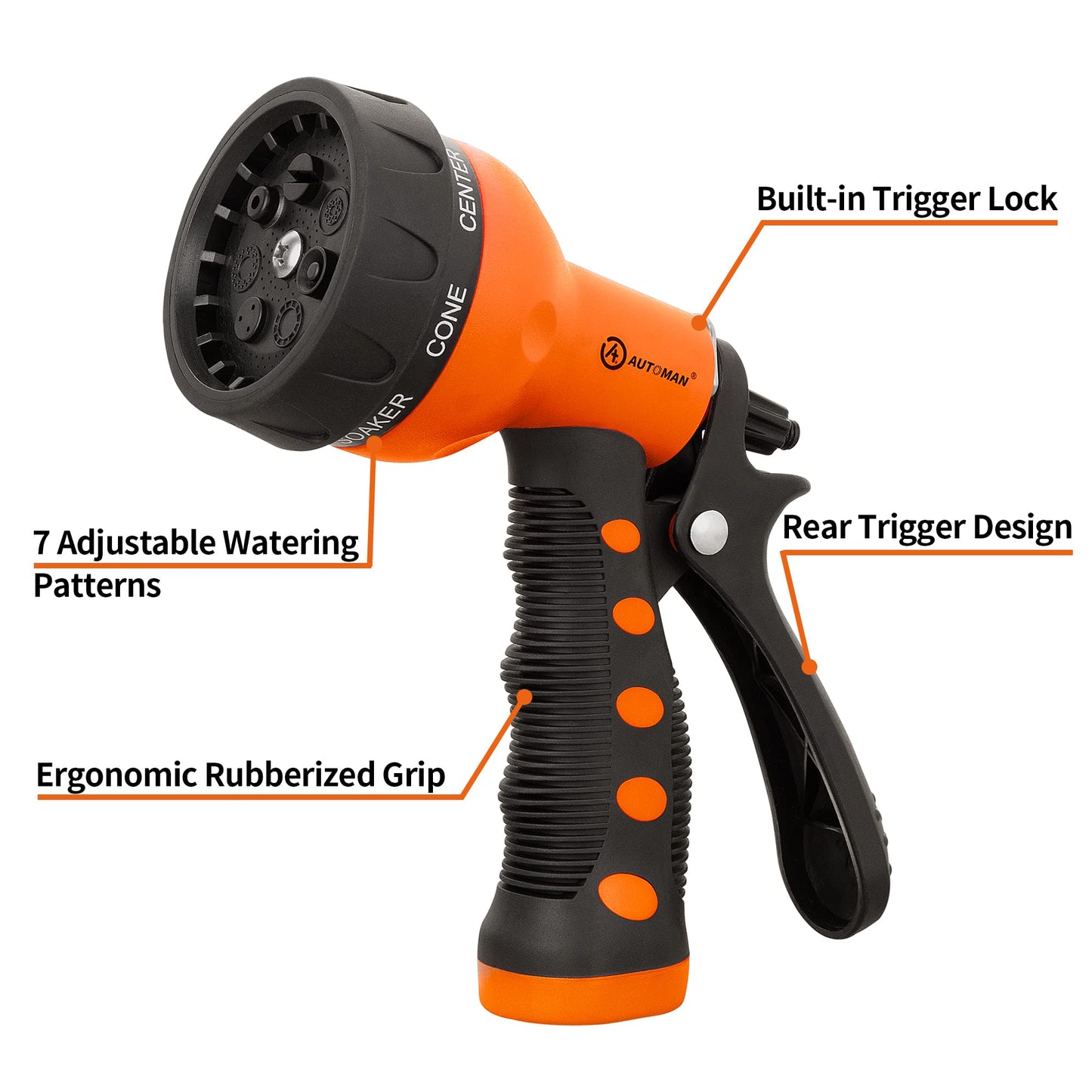 AUTOMAN-Garden-Hose-Nozzle, ABS Water Spray Nozzle with 7 Adjustable Watering Patterns, Slip Resistant for Watering Plants, Lawn& Garden, Washing Cars, Cleaning, Showering Pets & Outdoor Fun.