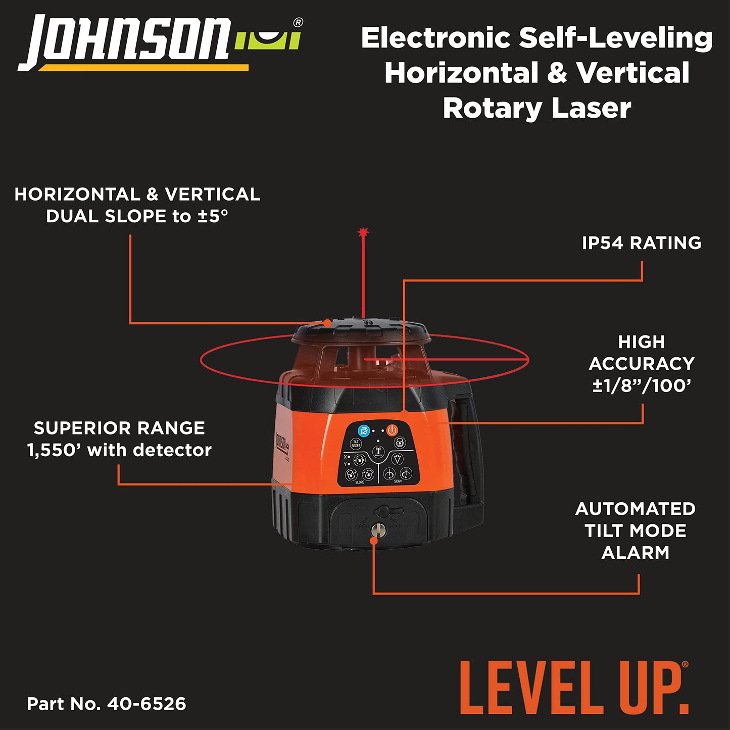 Johnson Level & Tool 99-028K Electronic Self-Leveling Dual Slope Horizontal/Vertical Rotary Laser System, Red, 1 Kit