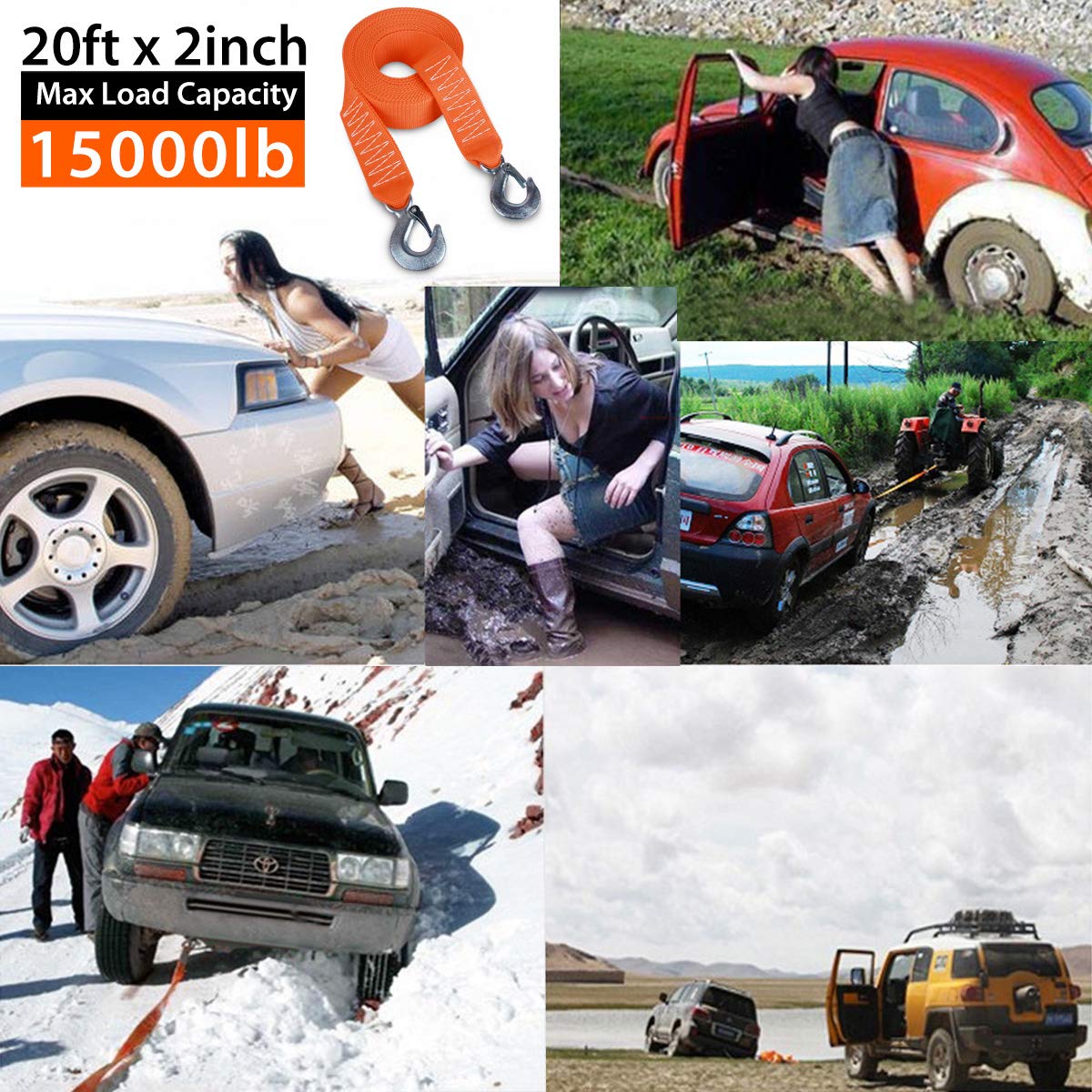 Tow Strap with Hooks 2in X20Ft Recovery Strap 10,000LB Break Strengthened Towing Rope for Towing Vehicles in Roadside Emergency
