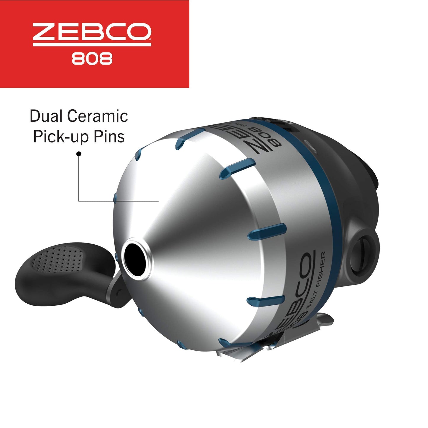 Zebco 808 Saltfisher Spincast Fishing Reel, Size 80 Reel, Changeable Right- or Left-Hand Retrieve, Pre-Spooled with 20-Pound Zebco Fishing Line, Stainless Steel Ball Bearing Drive, Silver