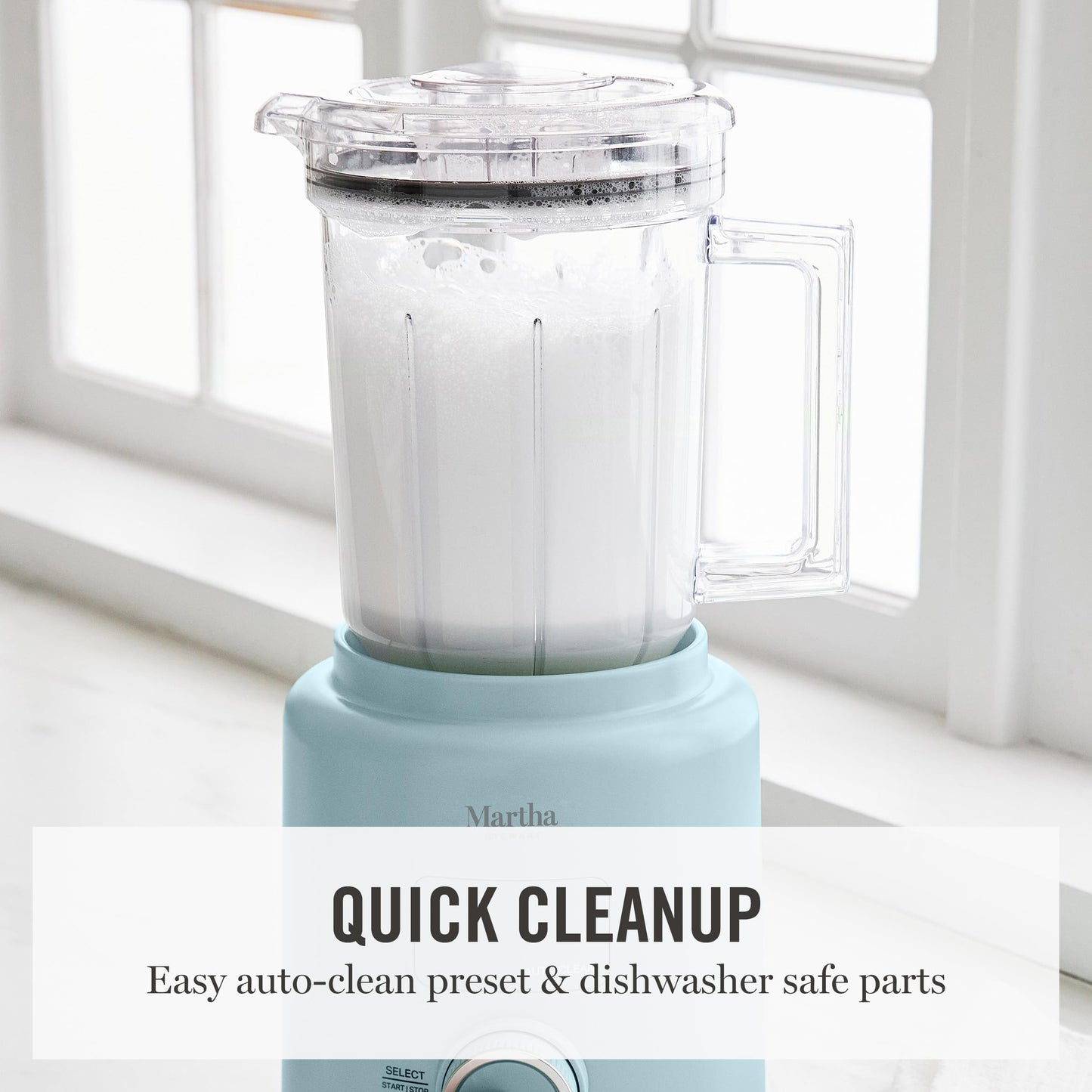 Martha Stewart 50oz Countertop Blender, Smoothie, Margarita & Ice Crushing Blender, BPA-Free Pitcher, 3 Speeds, 5 Presets, Auto-Clean Function, Dishwasher Safe, Stainless Steel Blades, Sky Blue
