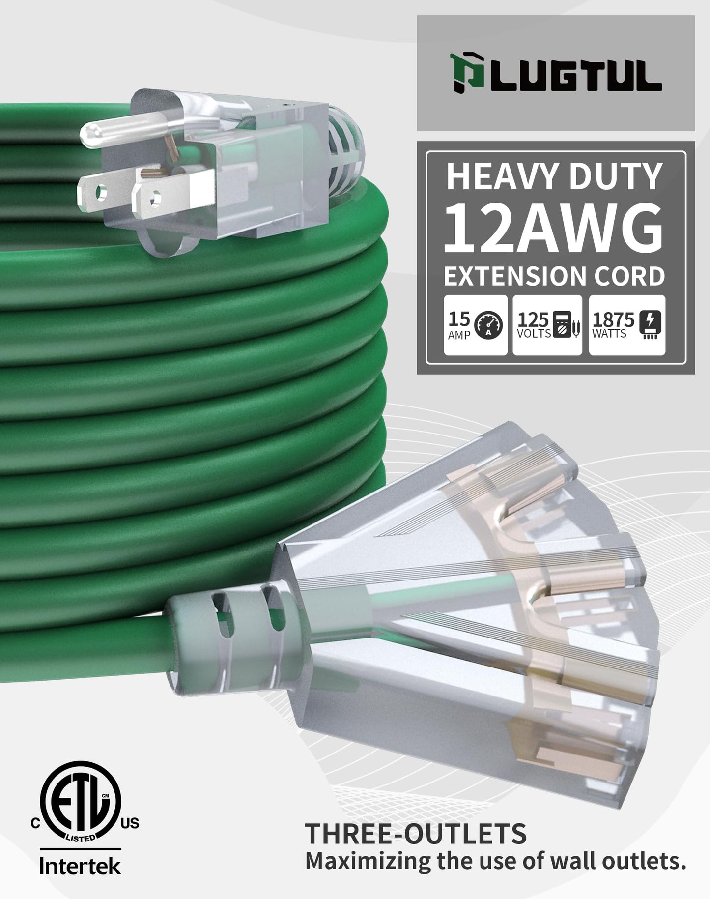 25Ft 12/3 Outdoor Extension Cord with 3-Outlets, Heavy Duty 12 Gauge 3 Prong Extension Cord Waterproof with Lighted end, 15A 12AWG 1875W SJTW, ETL Listed - Great for Garage, Garden and Home, Yellow
