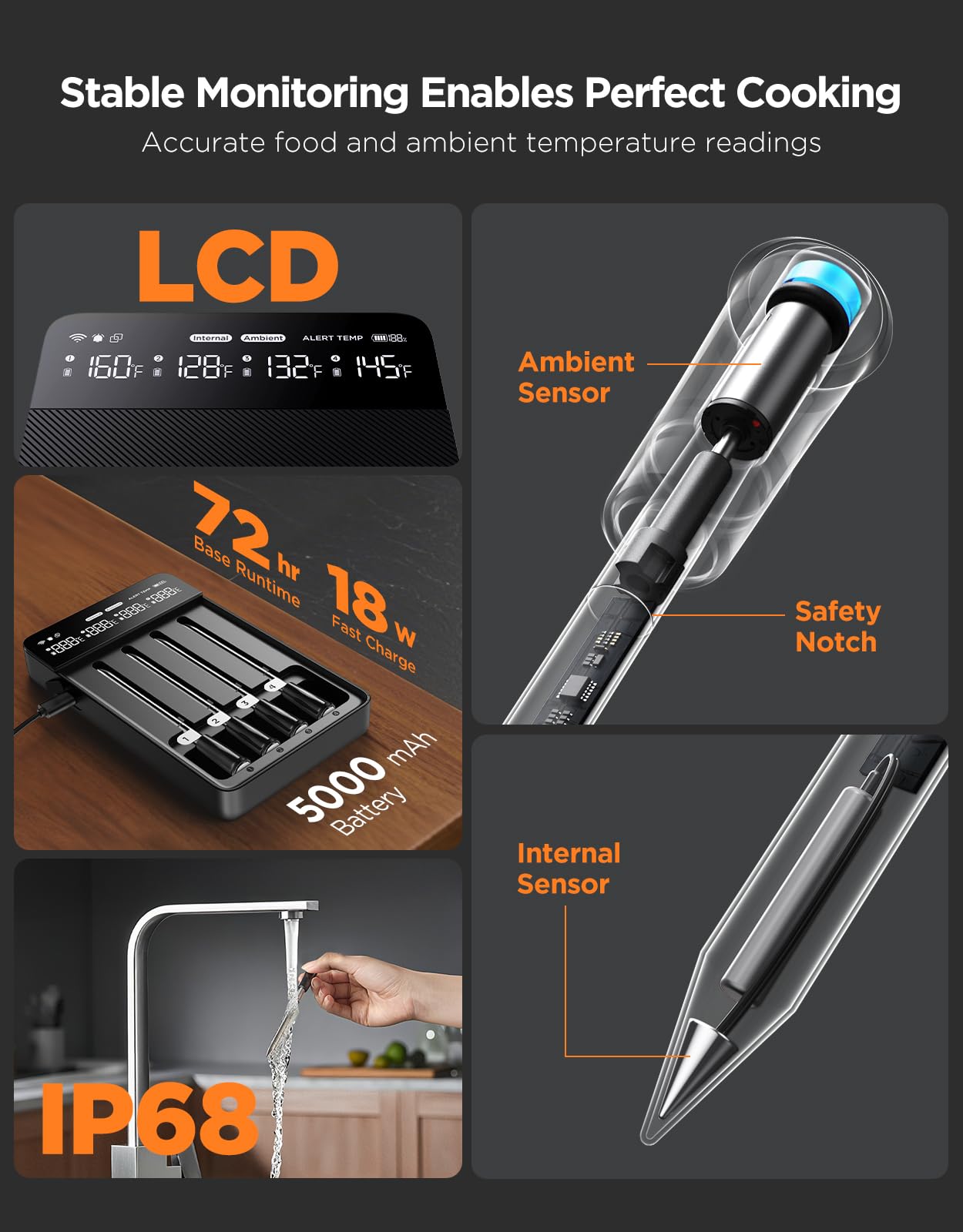 GoveeLife Bluetooth Wireless Meat Thermometer with 4 Probes, WiFi Unlimited Range, ±1.8℉ Accuracy, IP68 Waterproof Real Time Monitoring Digital Food Thermometer for Kitchen, BBQ, Grill, Oven, Smoker