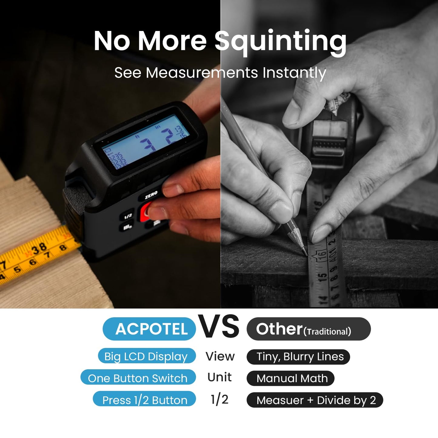 Digital Tape Measure 2 in 1, 16FT with Display, Smart Tape Measure, Area Volume Measuring Pythagorean Mode, Waterproof and Rechargeable,1/2 Self Centering, 20 Groups Historical Memory