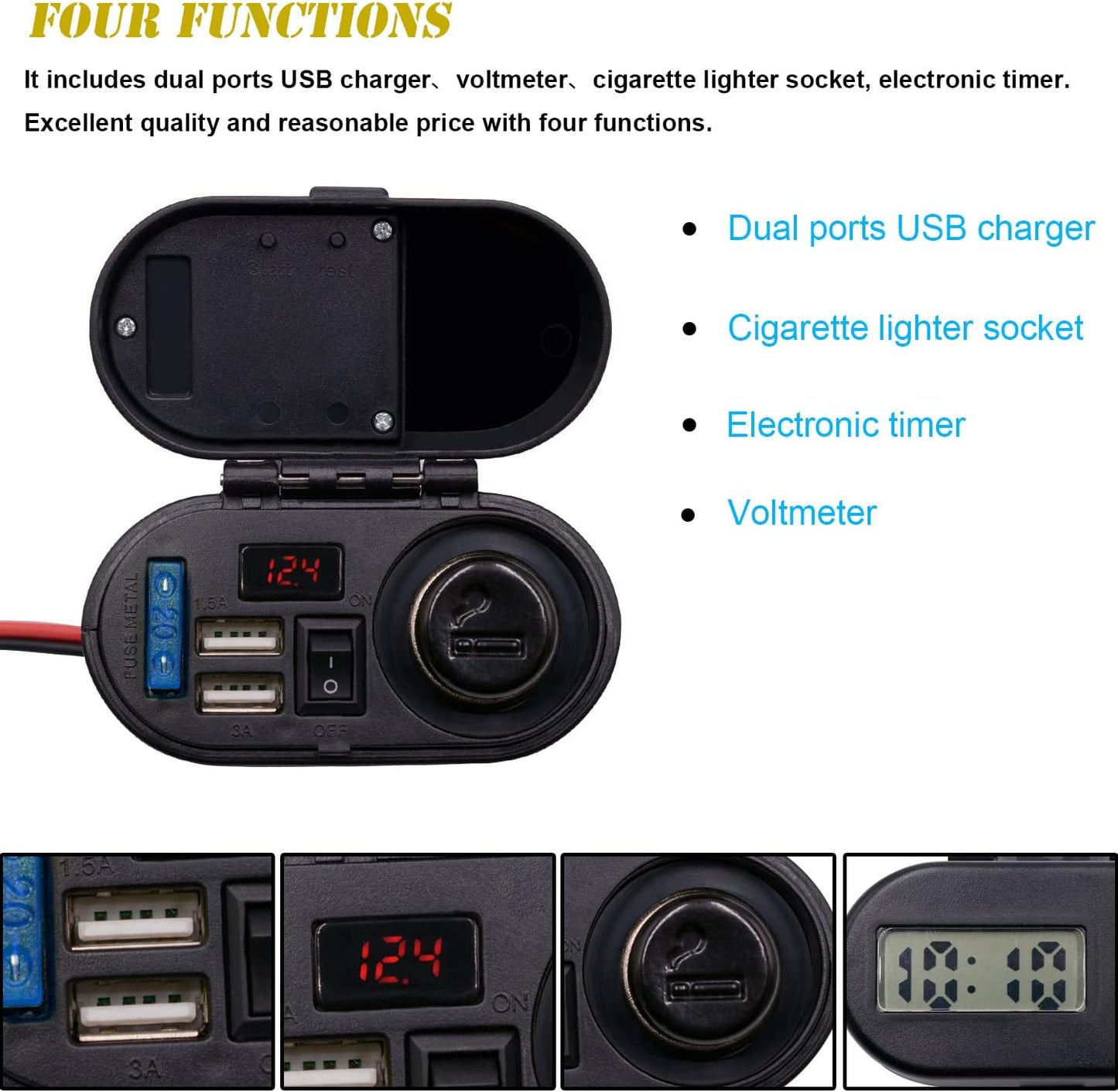 5V/3A Dual USB Charger Socket Waterproof Motorcycle Handlebar & Rear View Mirror Clamp Power Adapter Charger with Cigarette Lighter Socket, Voltmeter for Phones/Tablets/GPS (Black 1)