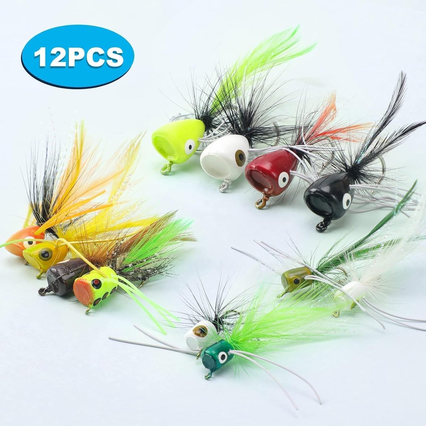 12 pcs Fly Fishing Popper Flies, Fly Popper Lures Bass Panfish Bluegill Crappie Popping Bug Sunfish Trout Salmon Poppers Flys Kit for Flys Fishing