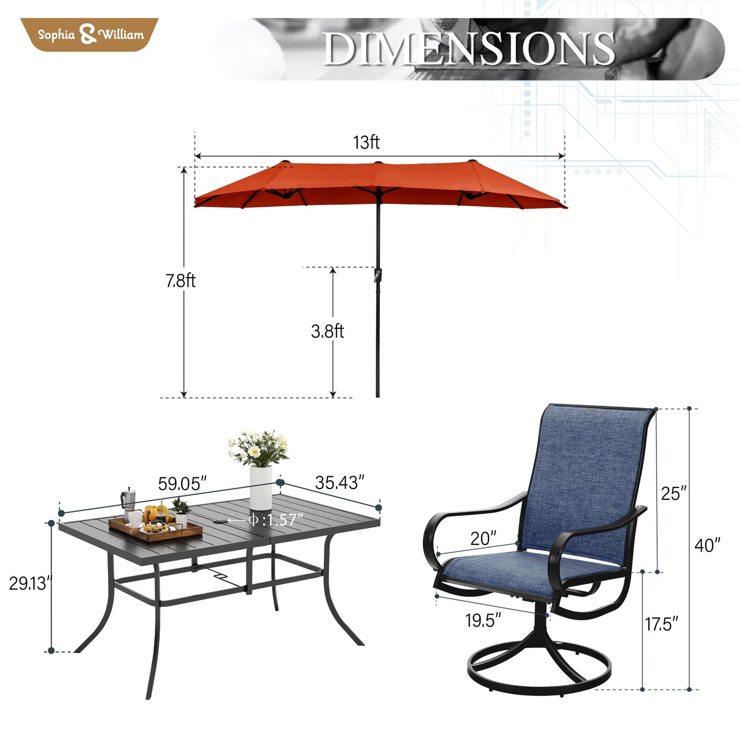 Sophia & William Patio Set with Umbrella 8 Pieces Outdoor Dining Set for 6 with 13ft Double-Sided Patio Umbrella Beige, 6 x Swivel Patio Chairs, 1 Metal Table for Lawn Garden