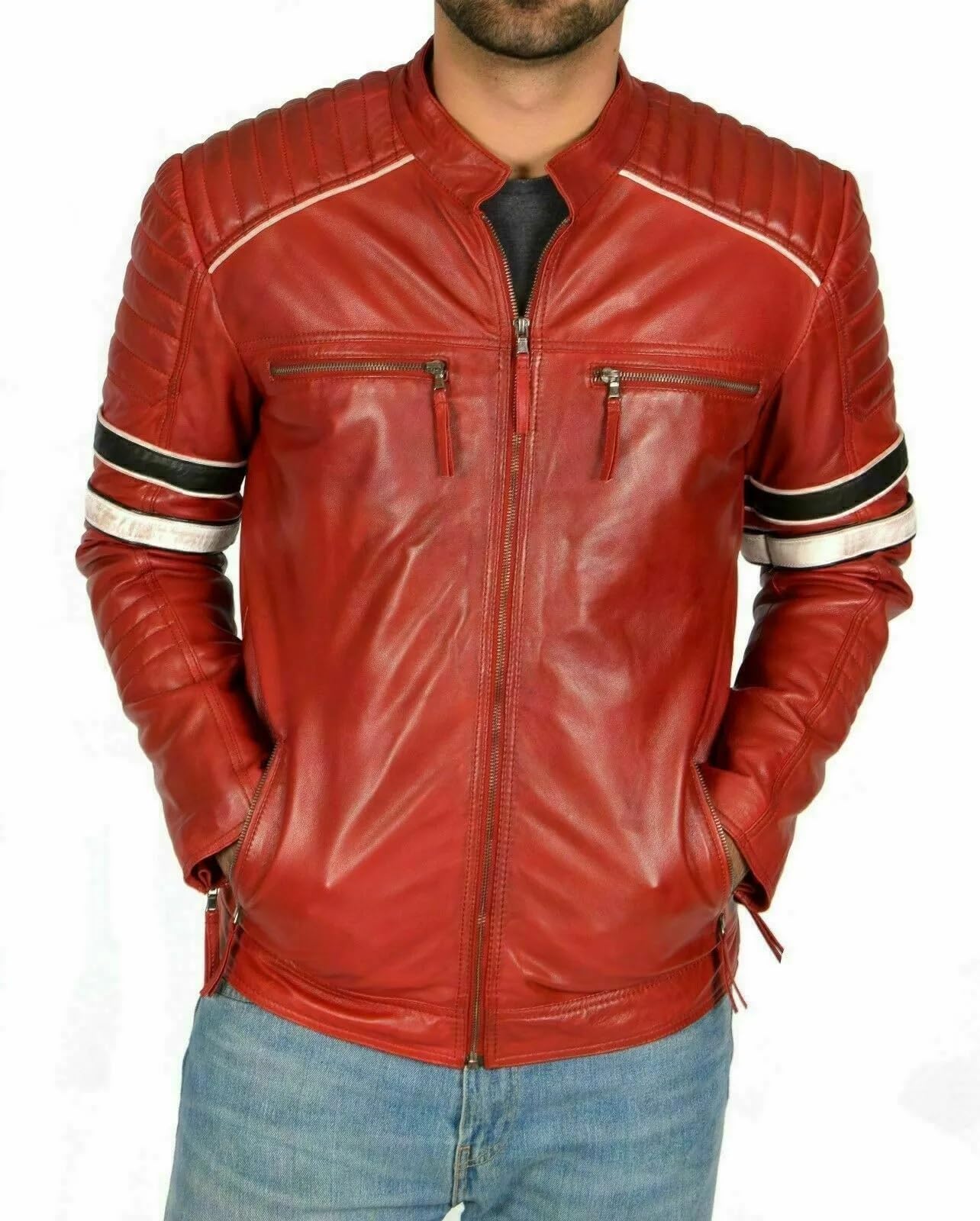 Men's Genuine Red Lambskin Real Leather Slim Fit Biker Motorcycle Jacket