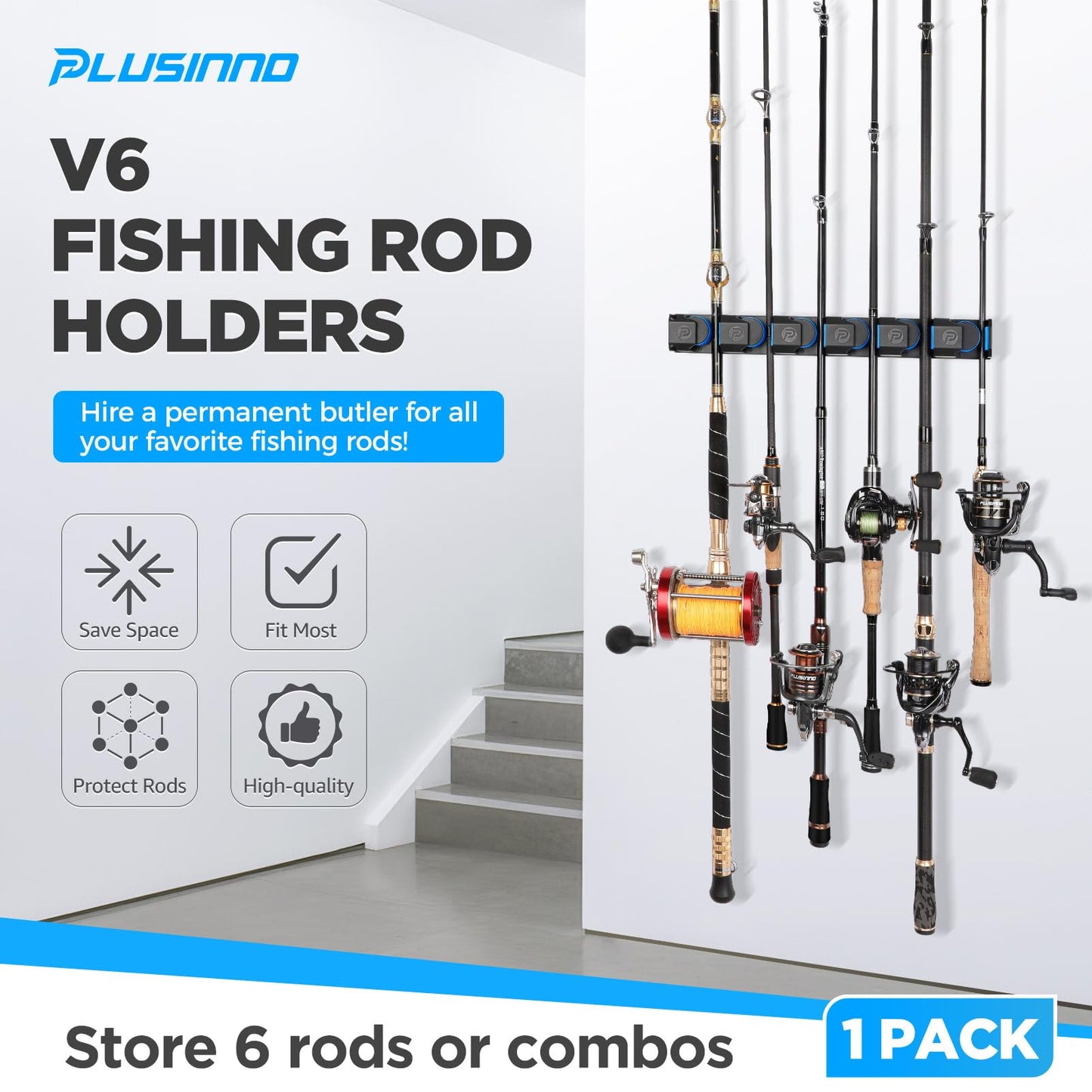 PLUSINNO Vertical Fishing Rod Holder, Wall Mounted Fishing Rod Rack, Fishing Pole Holder Holds Up to 9 Rods or Combos, Fishing Rod Holders for Garage, Fits Most Rods of Diameter 3-19mm