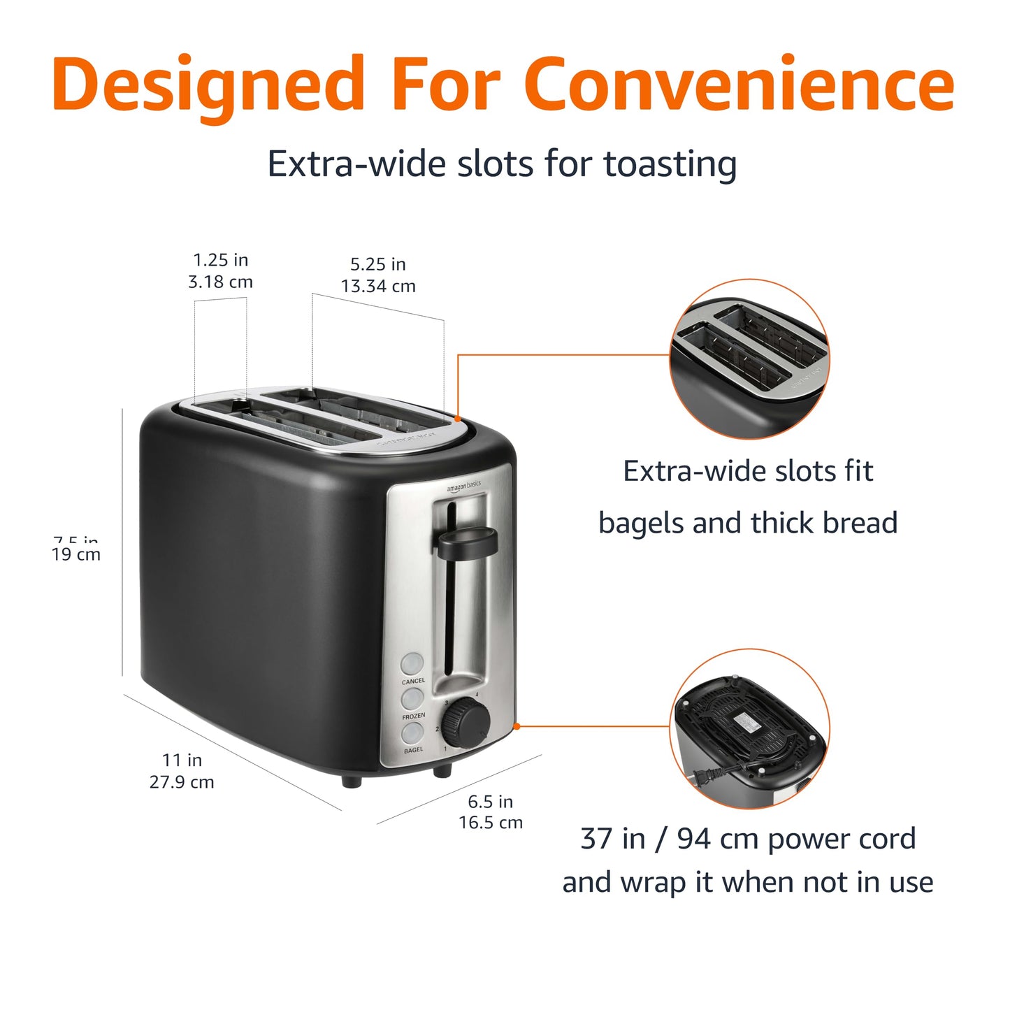 Amazon Basics 2 Slice Toaster, Extra Wide Slots for Bagels, 6 Browning Settings, Removable Crumb Tray, Defrost/Cancel/Bagel Buttons, Cord Wrap, 900W, Black & Silver