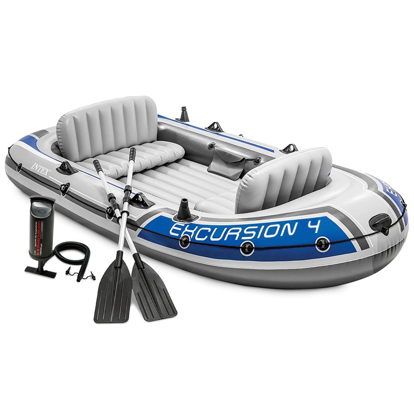 INTEX 68324EP Excursion 4 Inflatable Boat Set: Includes Deluxe 54in Boat Oars and High-Output Pump – Adjustable Seats with Backrest – Fishing Rod Holders – 4-Person – 1100lb Weight Capacity