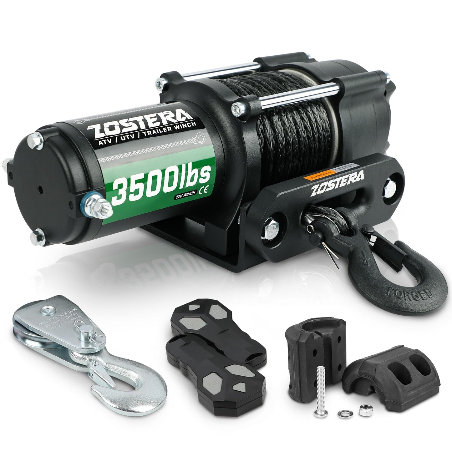 3500lbs ATV/UTV Winch with Synthetic Rope, Electric Boat Trailer Winch 12V, Waterproof Winch with 2 Wireless Remotes &Wired Switch,with Mounting Plate,Pulley,Rope Damper,Aluminium Fairlead