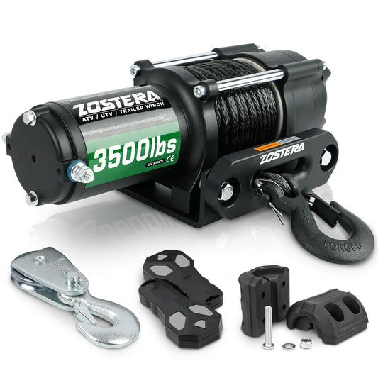 3500lbs ATV/UTV Winch with Synthetic Rope, Electric Boat Trailer Winch 12V, Waterproof Winch with 2 Wireless Remotes &Wired Switch,with Mounting Plate,Pulley,Rope Damper,Aluminium Fairlead