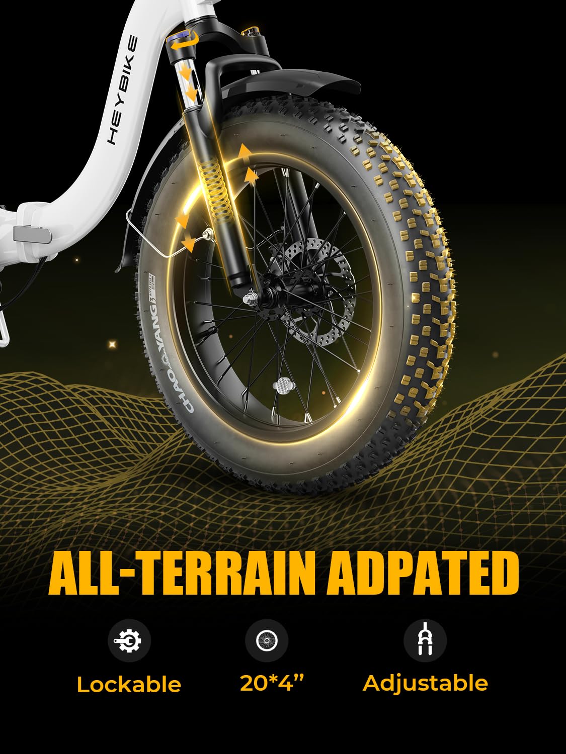 Heybike Ranger Electric Bike for Adults, Peak 1400W Upgraded Motor Ebike, 28MPH [20" Fat Tire All-Terrain] 600Wh Removable Battery Folding Step-Thru E Bike with Front Suspension