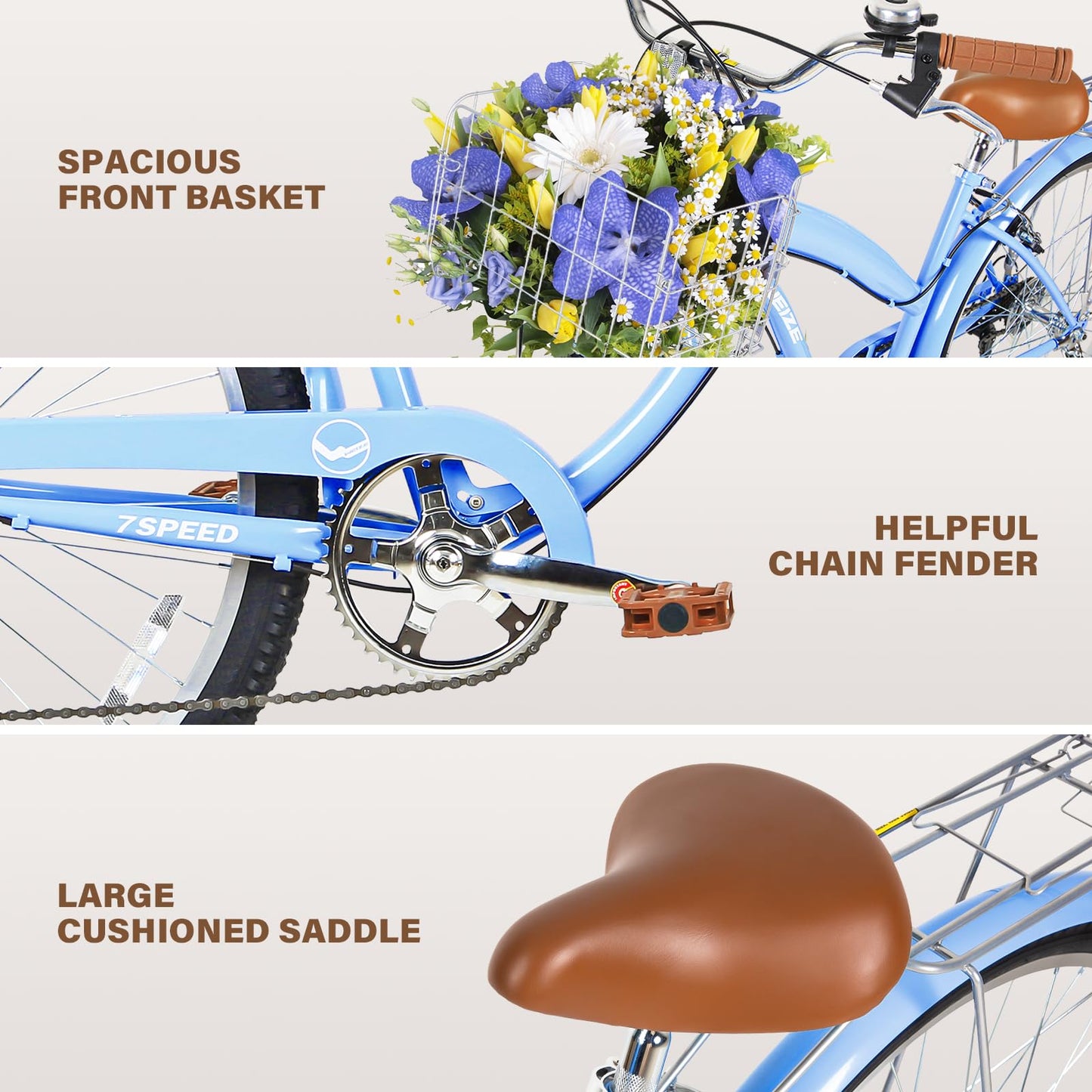 WEIZE Beach Cruiser Bike, 26 inch Commuter Bicycle for Adult Men and Women, 7-Speed/High-Carbon Steel/Front & Rear Fenders, Comfortable City Bikes with Rear Rack&Basket, Ergonomic Upright Design, Blue