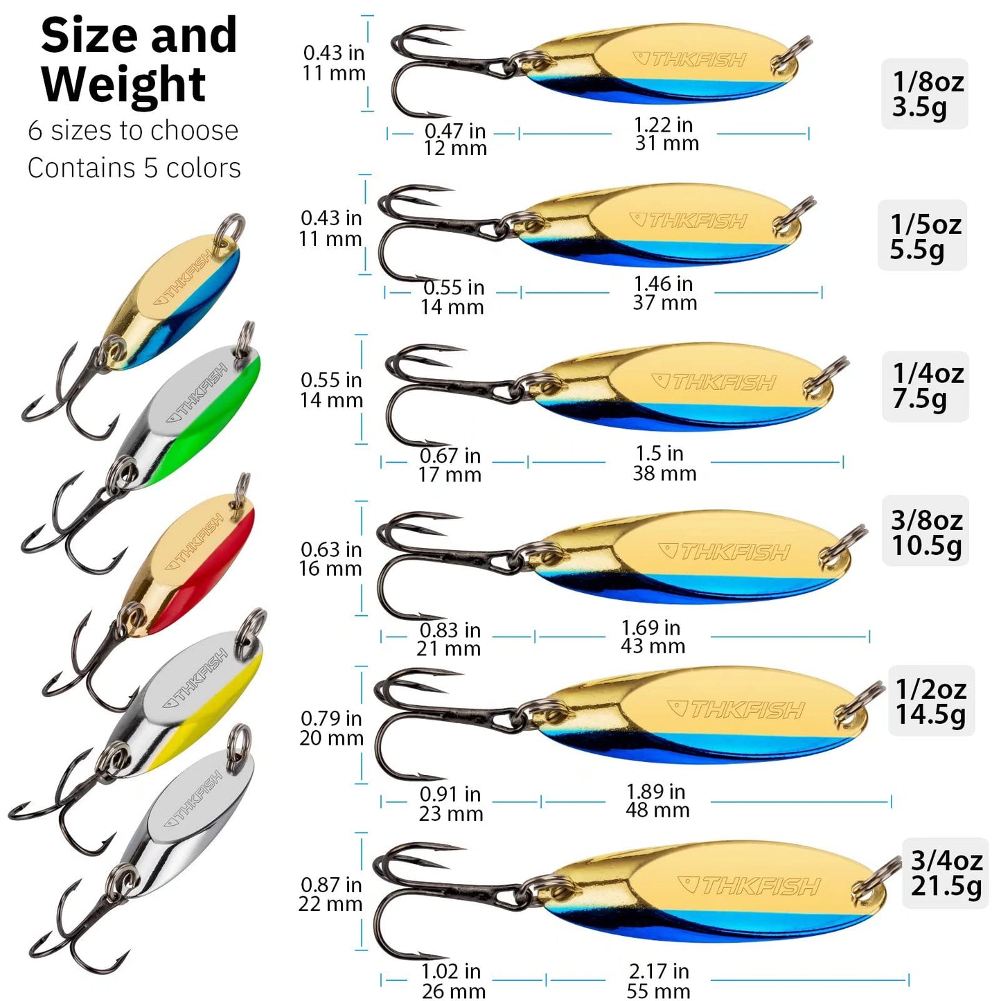THKFISH Fishing Lures Trout Lures Fishing Spoons Lures for Trout Pike Bass Crappie Walleye 1/8oz 1/5oz 1/4oz 3/8oz 1/2oz 3/4oz 5pcs
