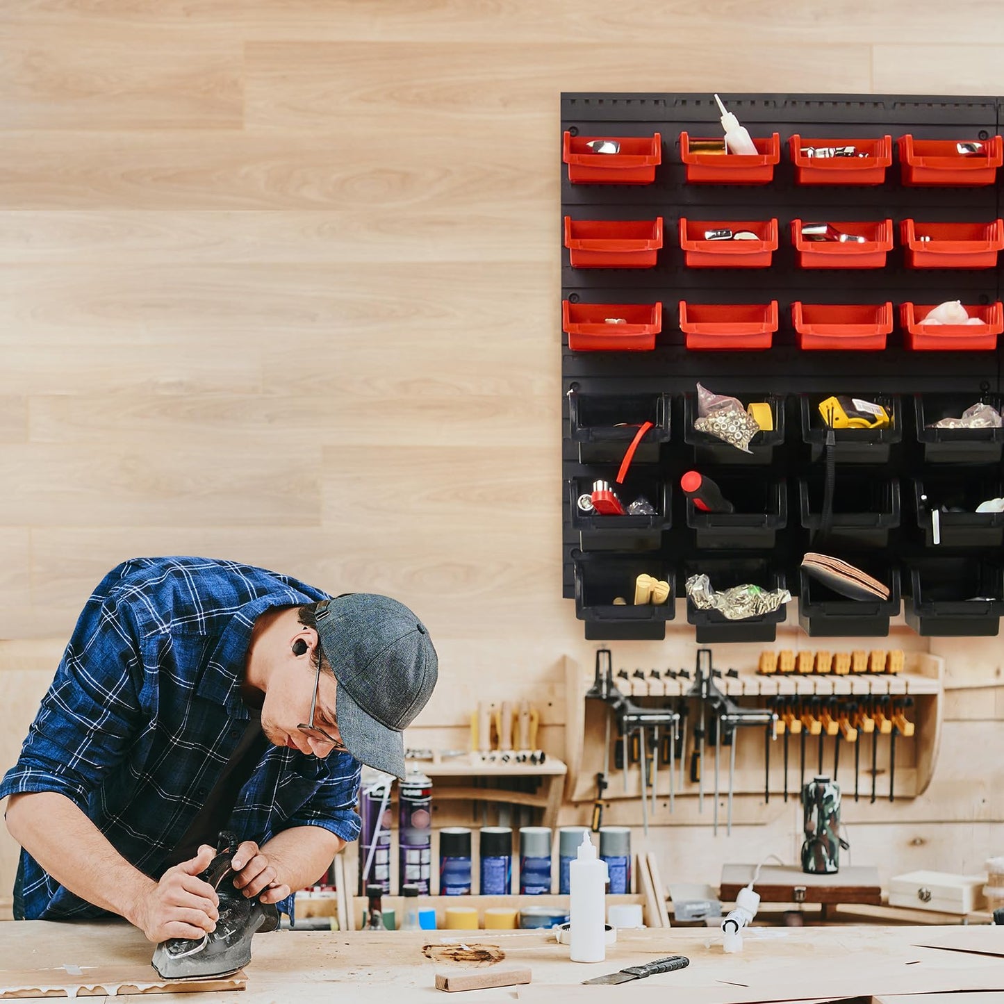 VEVOR Wall Mounted Storage Rack System, 30-Bin Parts Rack Organizer with Wall Panels/Tool Holders/Hooks, Garage Plastic Shop Tool Organizer for Nuts, Bolts, Screws, Nails, Beads, Buttons