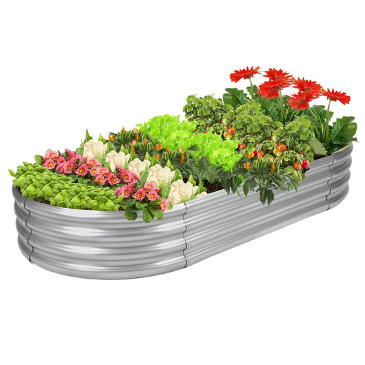 Rakukiri Raised Garden Bed Galvanized Planter Box Outdoor, 5ft Oval Large Rot-Resistant Metal Garden Bed Planter for Vegetables Flower Herb (Silver)