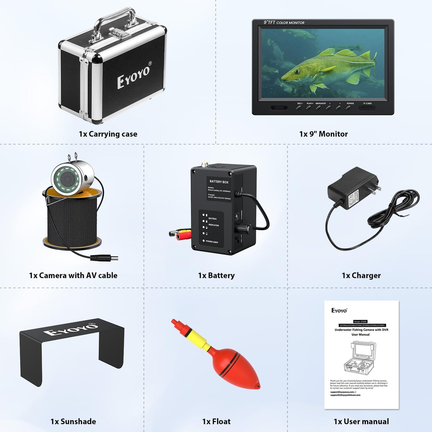 Eyoyo Underwater Fishing Camera Portable Video Fish Finder 9 inch LCD Monitor 1000TVL Waterproof Camera Underwater DVR Video Fish Cam 30m Cable 12pcs IR Infrared Lights for Ice, Boat and Lake Fishing