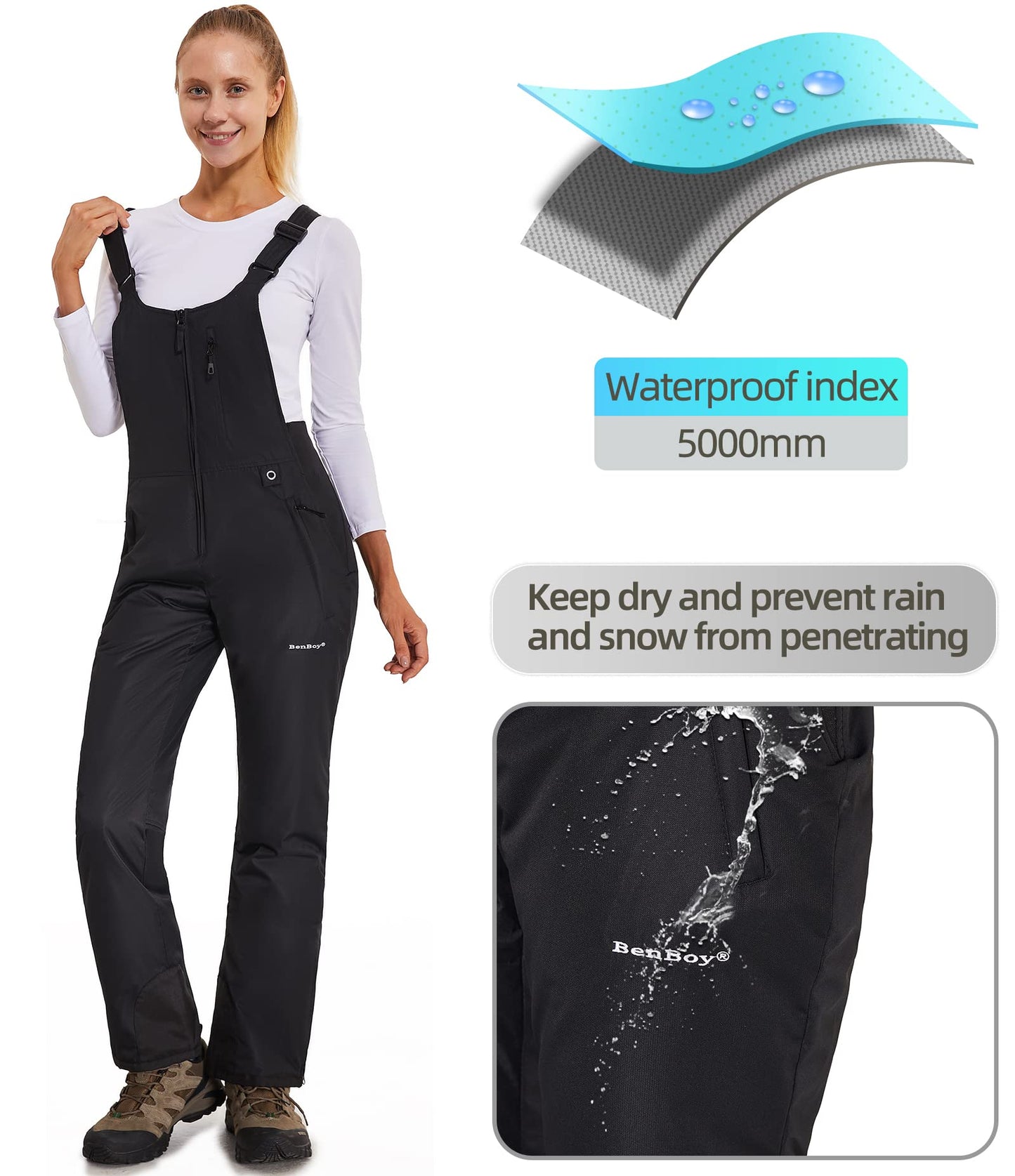 BenBoy Women's Snow Bibs Ski Waterproof Windproof Insulated Overalls Ripstop Snowboard Pants Winter