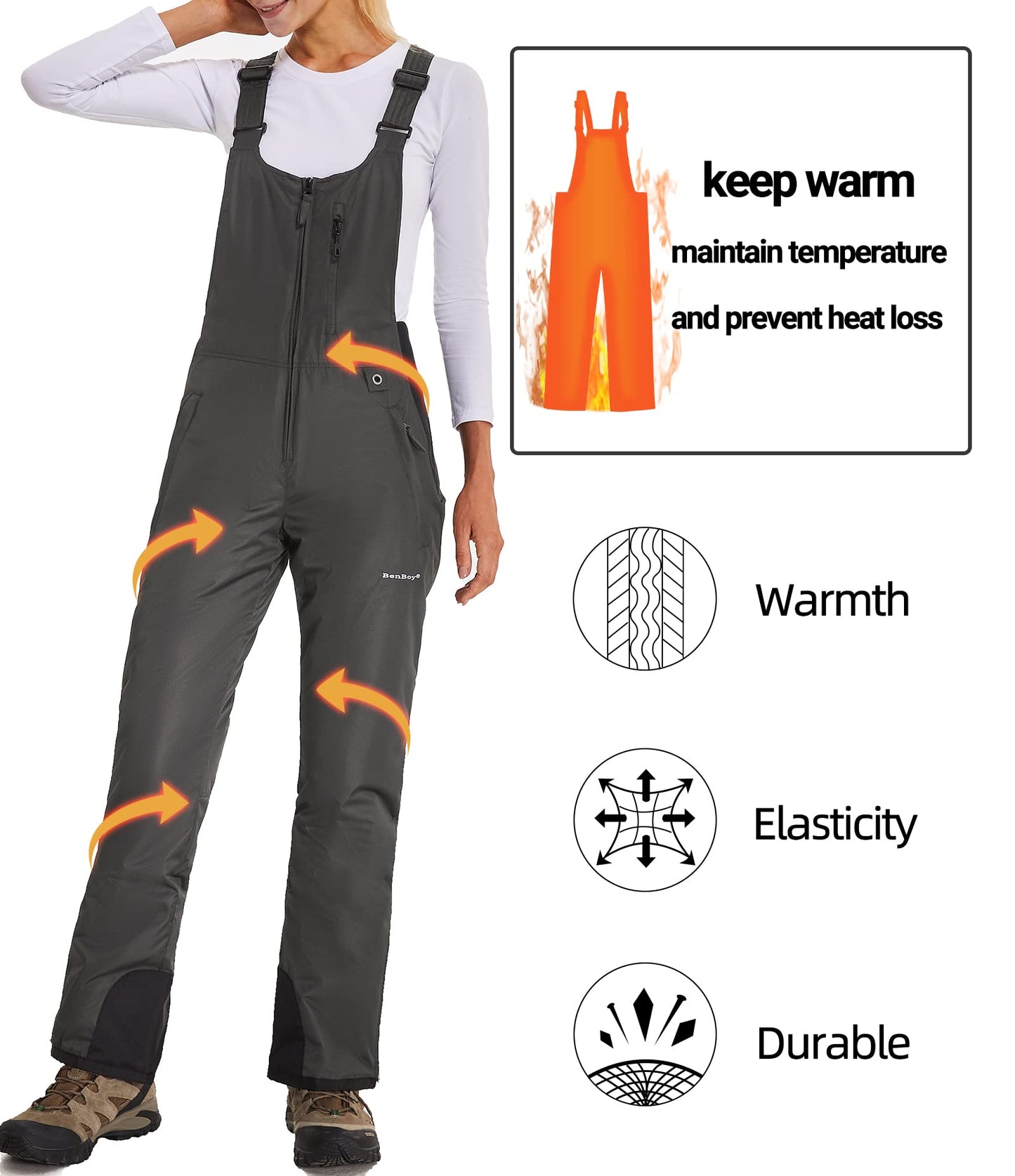 BenBoy Women's Snow Bibs Ski Waterproof Windproof Insulated Overalls Ripstop Snowboard Pants Winter