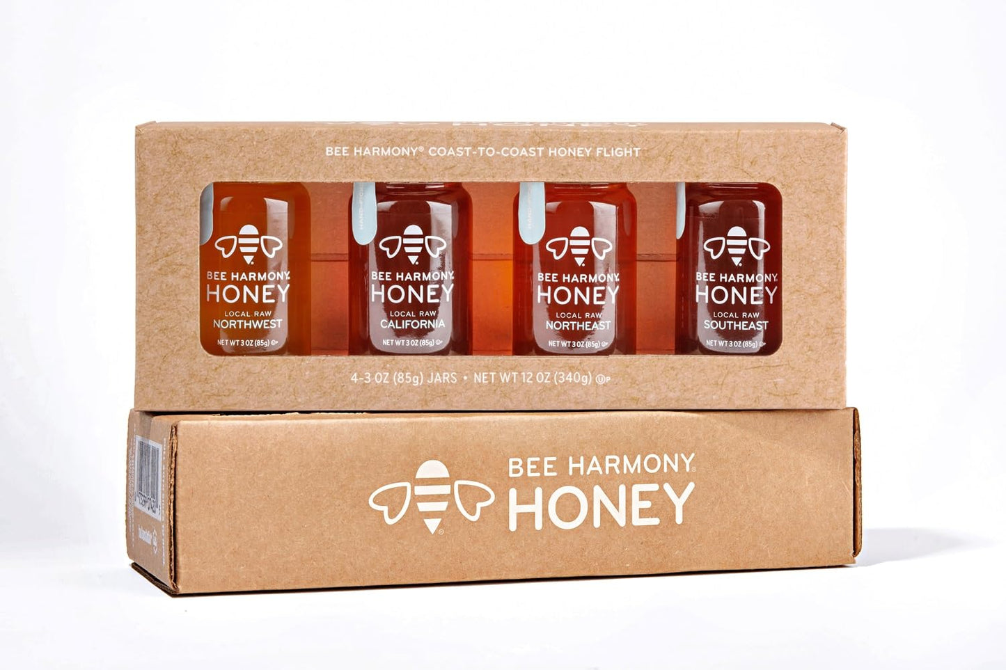 Bee Harmony Classic Honey Flight, Mini Honey Gift Set, 4 Jars, 3 OZ Each, Premium, Raw, Made in the USA