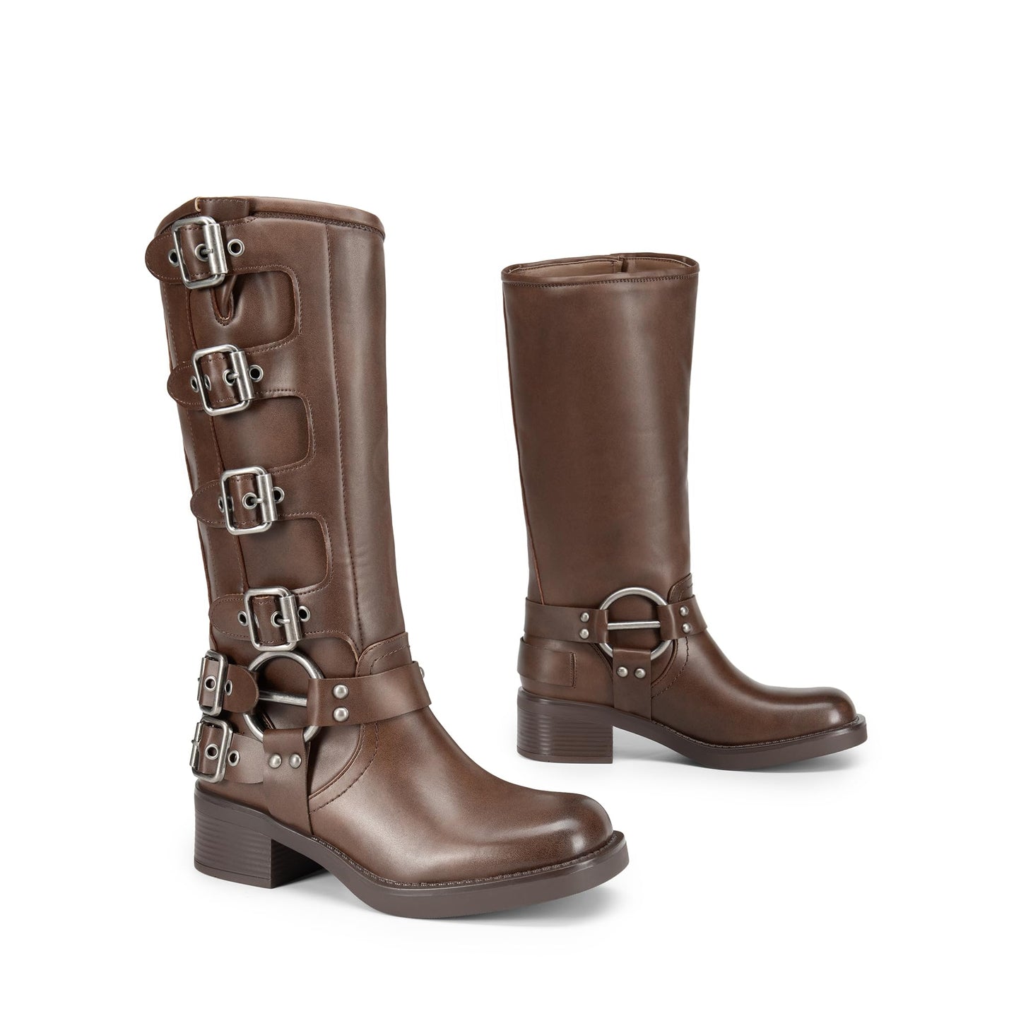 DREAM PAIRS Women's Knee High Riding Boots Slip On Motorcycle Boots Square Toe Chunky Heel Fashion Buckles Biker Boots