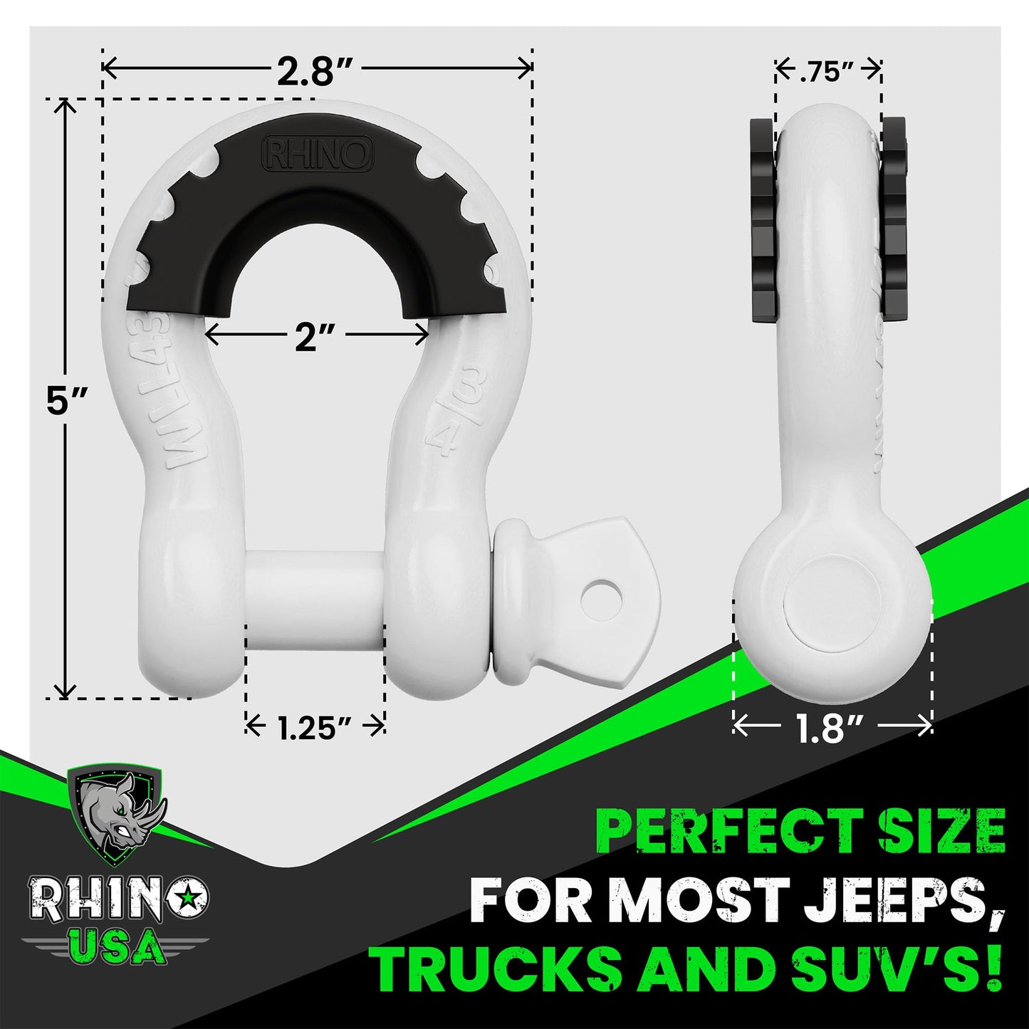 Rhino USA D Ring Shackles (2-Pack) - 41,850lb Break Strength – Heavy Duty 3/4" Clevis Shackle with 7/8 Pin for Towing & Off-Road Use - Pairs with Tow Strap for Vehicle Recovery (Black)