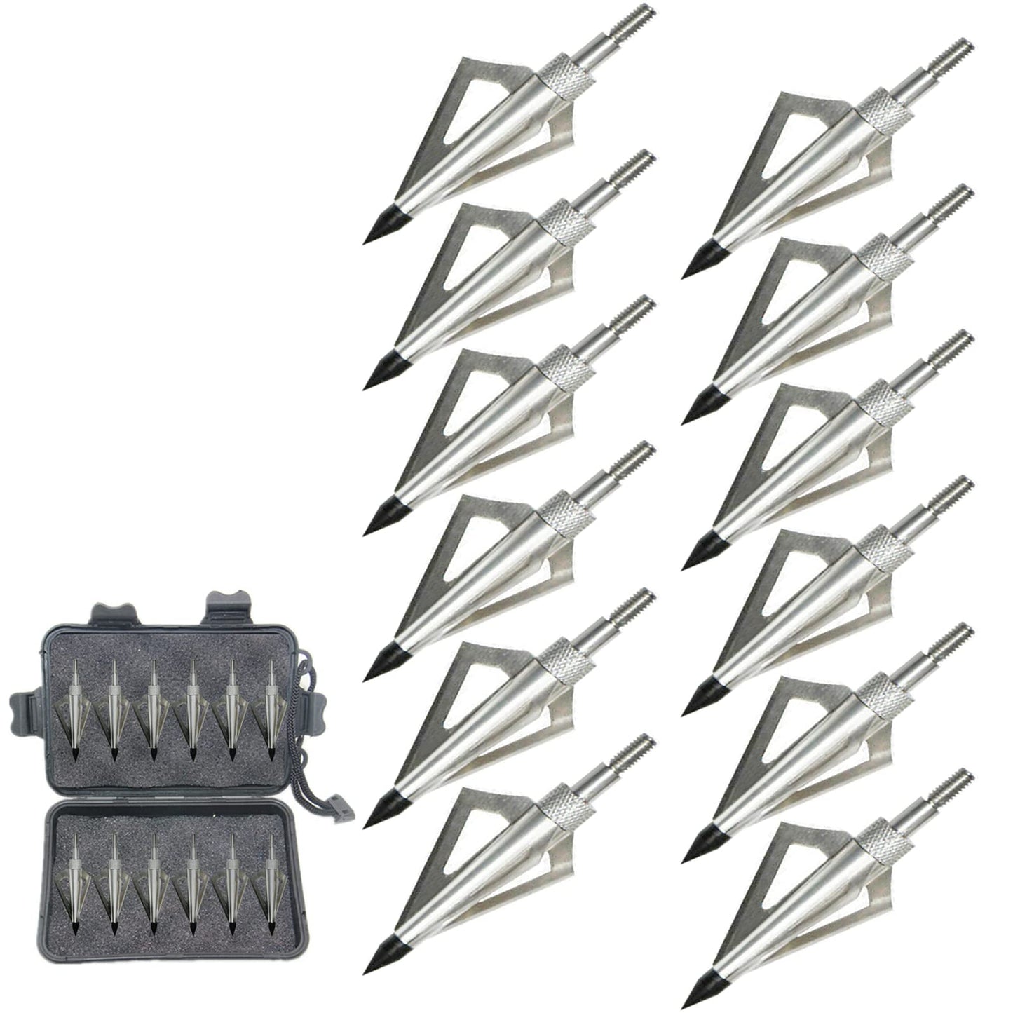 12pcs Archery Broadheads 3 Fixed Steel Blade 125 Grain Hunting Arrowheads Fit for Compound Bow and Crossbow with One Black Plastic Portable Broadheads Case