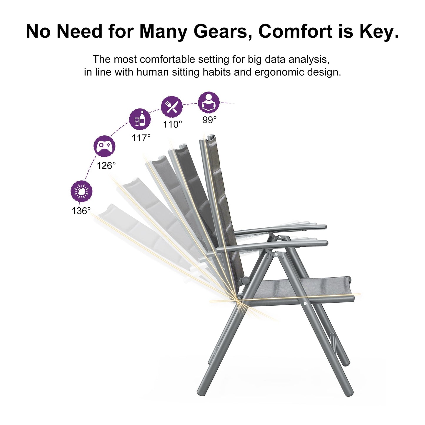 PURPLE LEAF 9 Pieces Outdoor Patio Dining Set with 8 Folding Portable Chairs and 1 Rectangle Aluminum Table, Foldable Adjustable High Back Reclining Chairs with Soft Cotton-Padded Seat, Grey