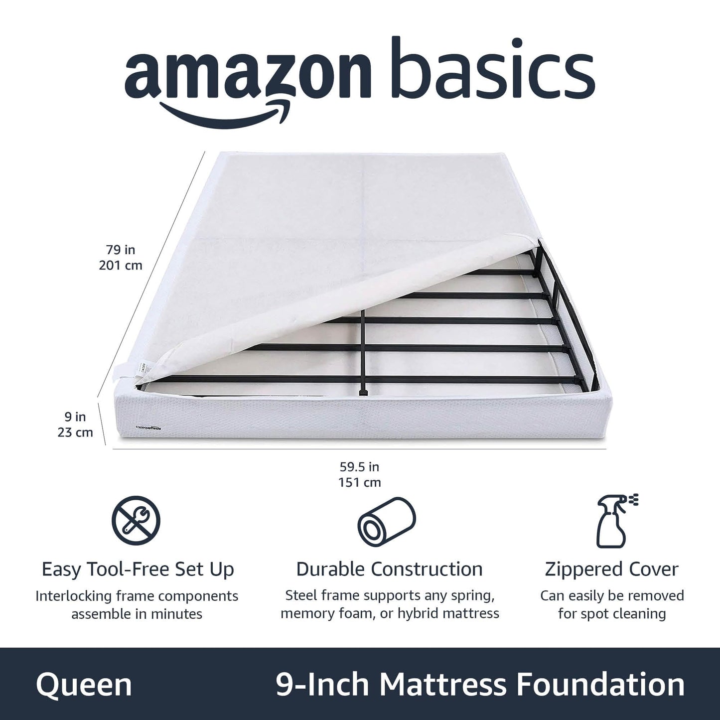 Amazon Basics Smart Box Spring Bed Base, 9-Inch Height Mattress Foundation, Tool-Free Easy Assembly, Strong Support, Queen, 79"L x 59.5"W x 9"H, White