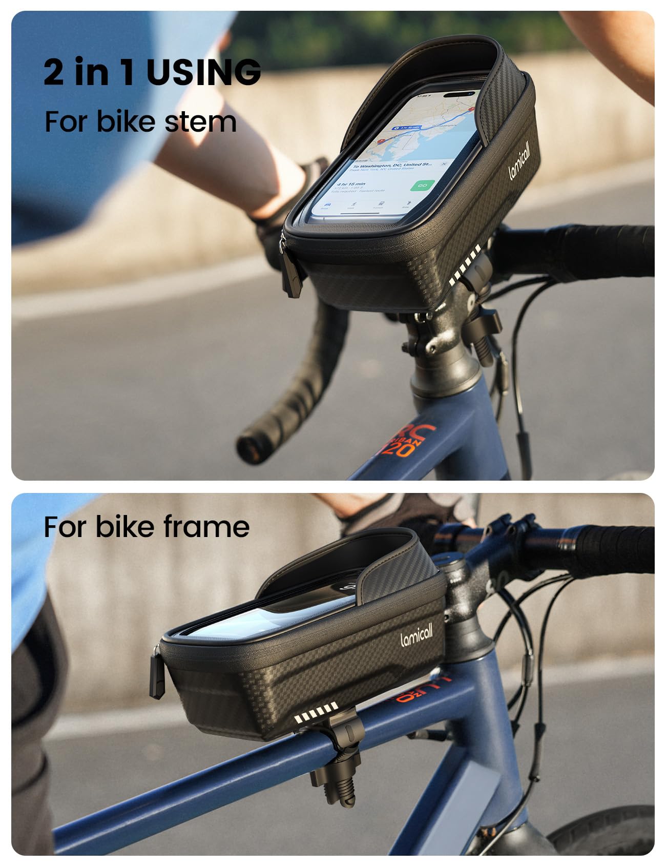 Lamicall Bike Frame Bag Waterproof - [1s Release] [2 in 1] Bike Phone Bag, Bike Phone Holder Mount, Bicycle Top Tube Bag, Cycling Pouch with Rain Cover, Bike Accessories for Phones Under 7"