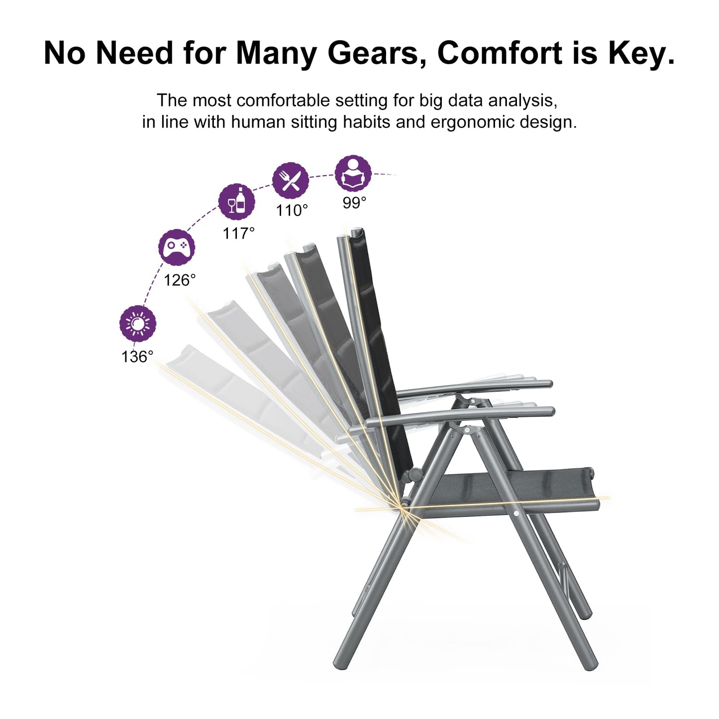 PURPLE LEAF 9 Pieces Outdoor Patio Dining Set with 8 Folding Portable Chairs and 1 Rectangle Aluminum Table, Foldable Adjustable High Back Reclining Chairs with Soft Cotton-Padded Seat, Grey