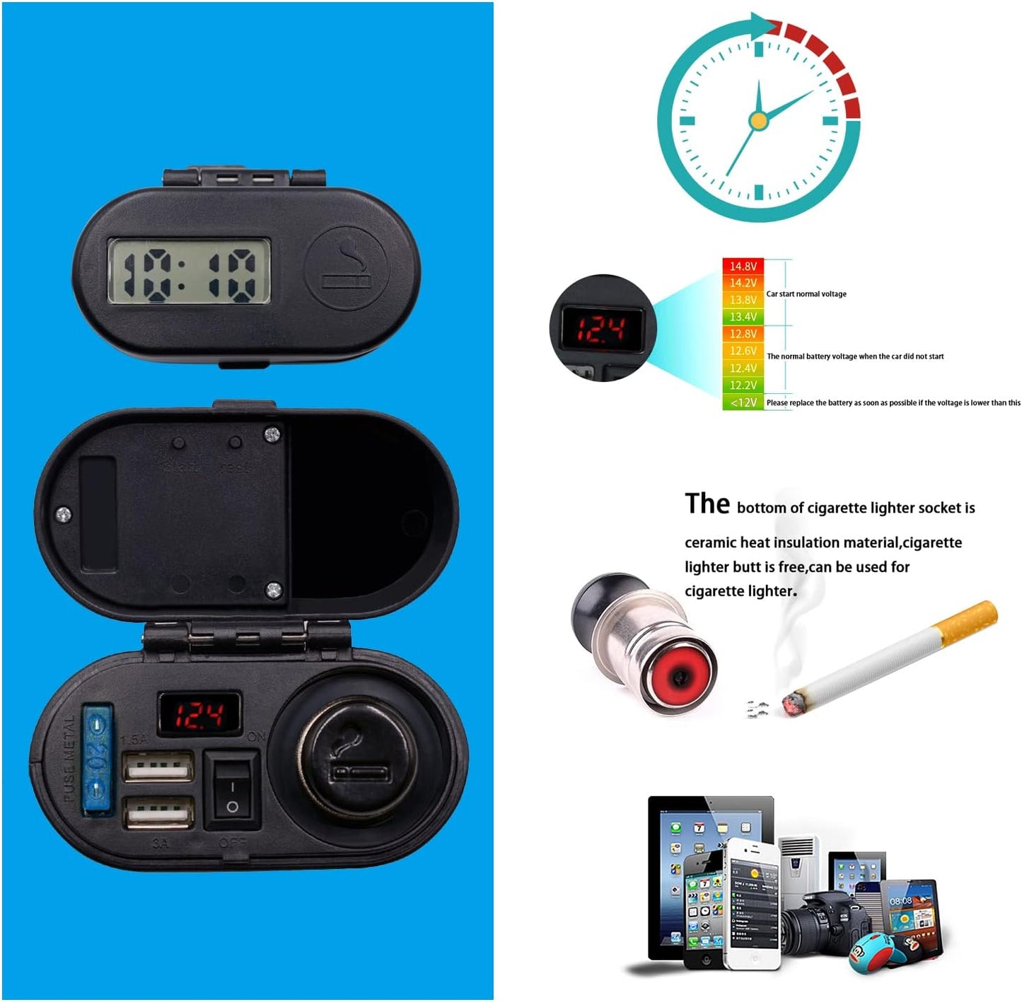 5V/3A Dual USB Charger Socket Waterproof Motorcycle Handlebar & Rear View Mirror Clamp Power Adapter Charger with Cigarette Lighter Socket, Voltmeter for Phones/Tablets/GPS (Black 1)