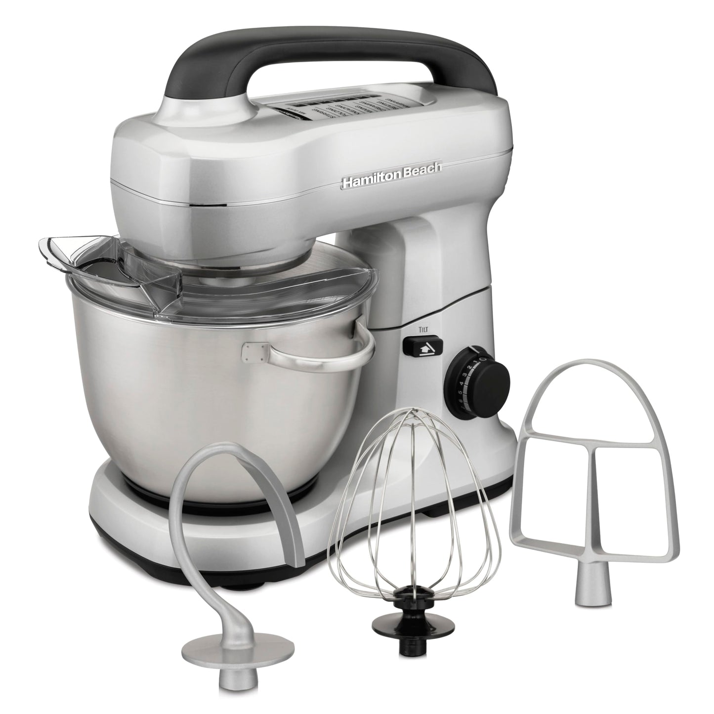 Hamilton Beach Electric Stand Mixer, 4 Quarts, Dough Hook, Flat Beater Attachments, Splash Guard, 7 Speeds with Whisk, Easy-Carry Top Handle, Blue
