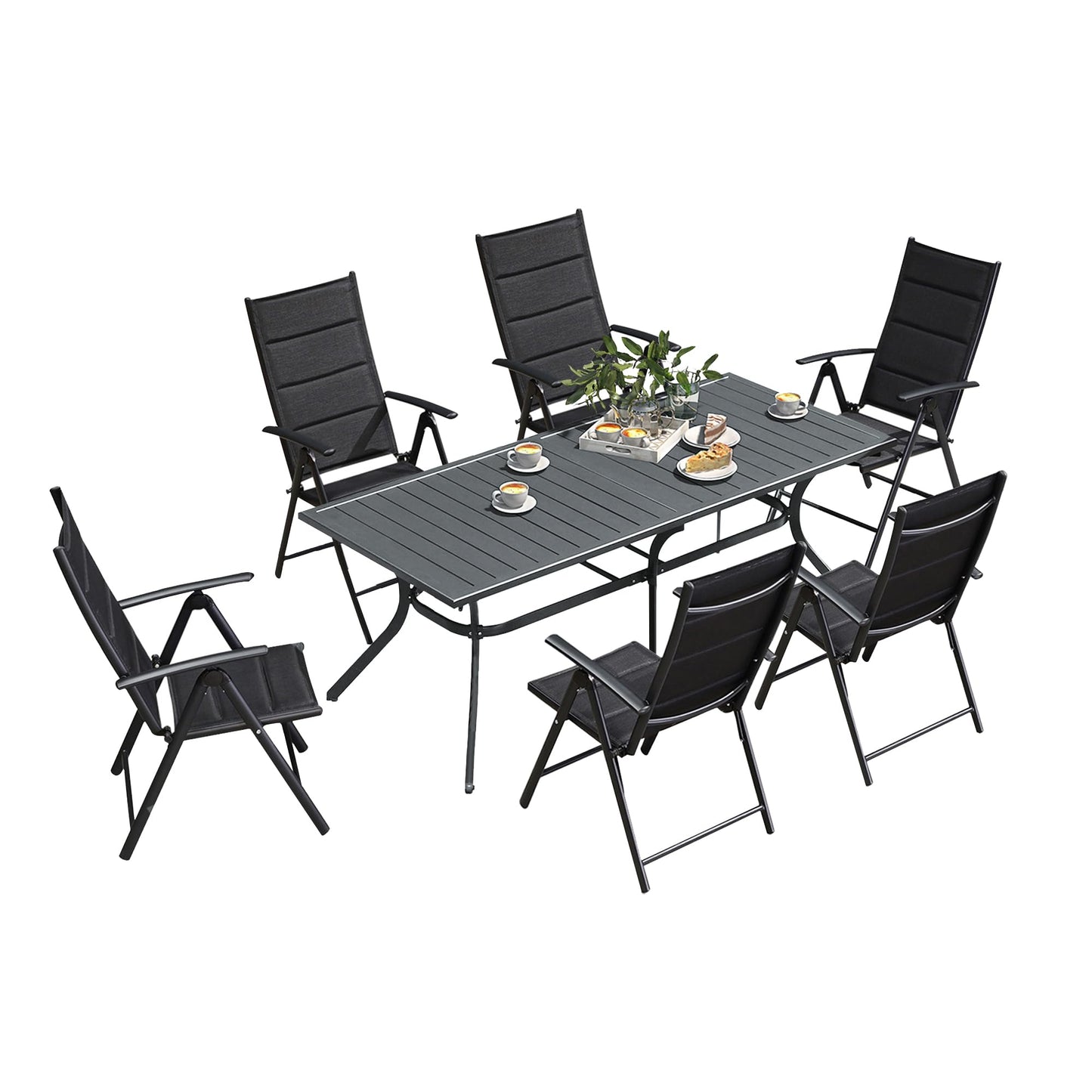 PURPLE LEAF 9 Pieces Outdoor Patio Dining Set with 8 Folding Portable Chairs and 1 Rectangle Aluminum Table, Foldable Adjustable High Back Reclining Chairs with Soft Cotton-Padded Seat, Grey
