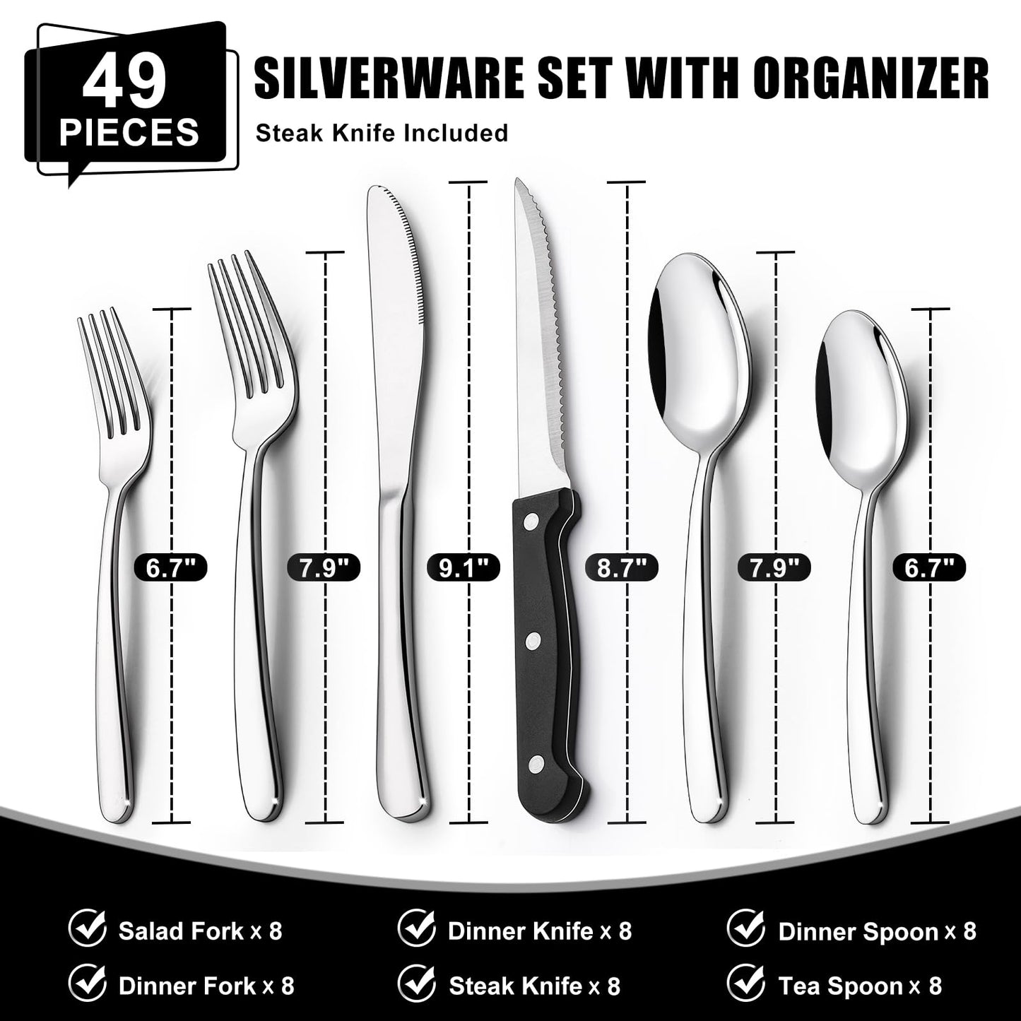 49-Piece Silverware Set with Organizer, Heavy Duty Stainless Steel Flatware for 8, Cutlery Utensil Sets with Steak Knives, Rust-proof, Mirror Polished, Dishwasher Safe