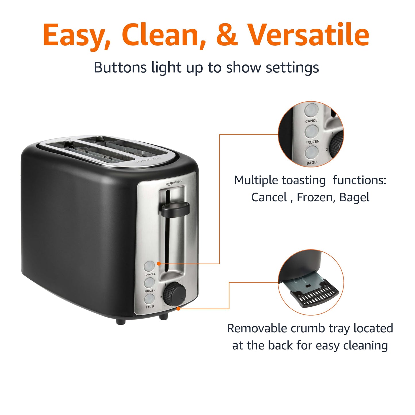 Amazon Basics 2 Slice Toaster, Extra Wide Slots for Bagels, 6 Browning Settings, Removable Crumb Tray, Defrost/Cancel/Bagel Buttons, Cord Wrap, 900W, Black & Silver