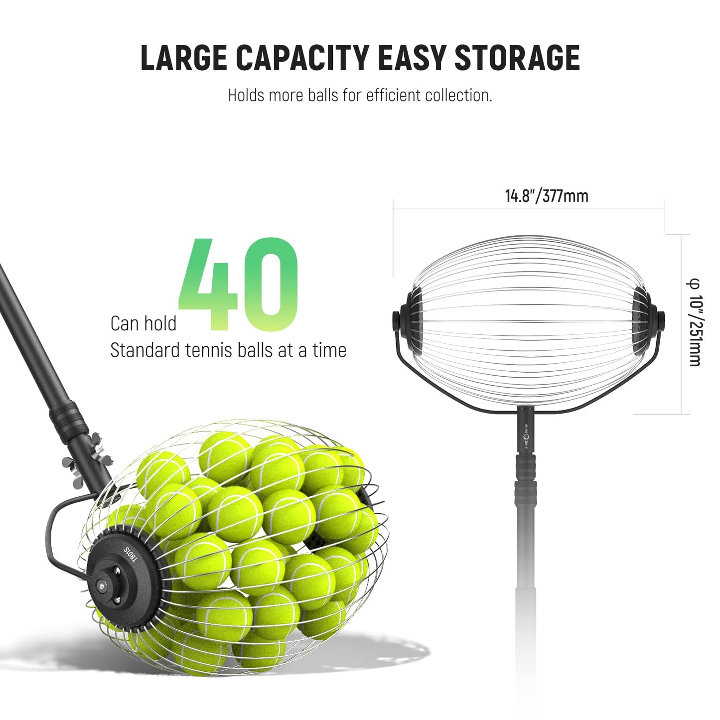 NEEWER Tennis Ball Pickleball Collector Roller, No Bending Over Quick Rolling Picker for 1.5"-3" Balls, 30-58"/77-148cm Telescopic Golf Ball Retriever for Up to 40 Tennis Balls, TB01S