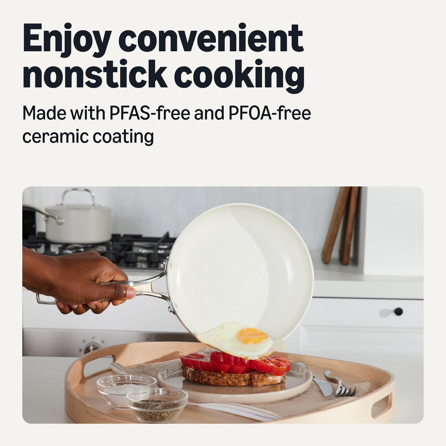 Amazon Basics Ceramic Nonstick Cookware, 3-Piece Set of Pans, All Cooktop Friendly, Dishwasher-Safe, Linen Gray