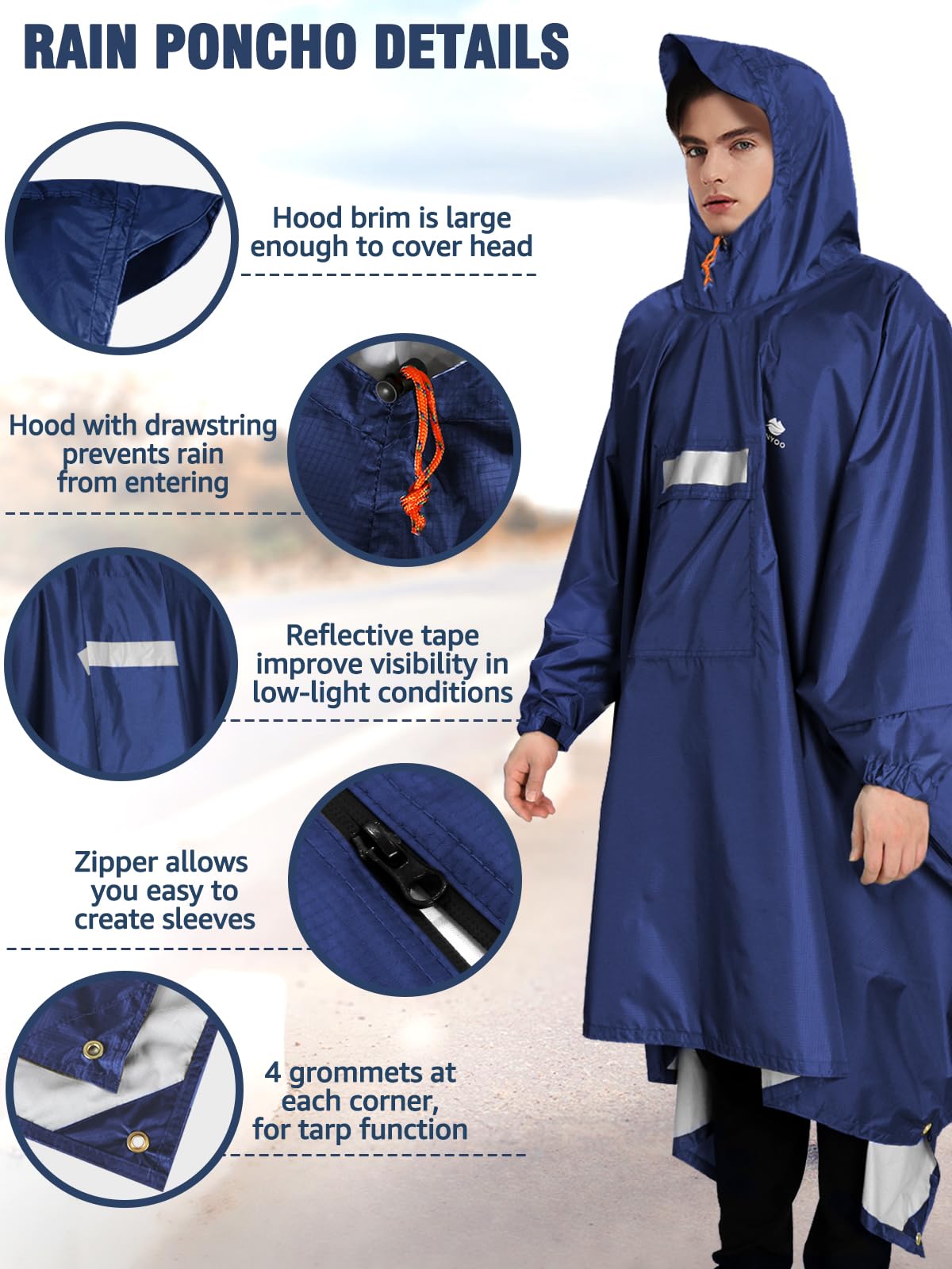ANYOO Hooded Rain Poncho for Adults Waterproof Lightweight Rain Coat for Men Women Reusable Rain Jacket for Emergency Outdoor