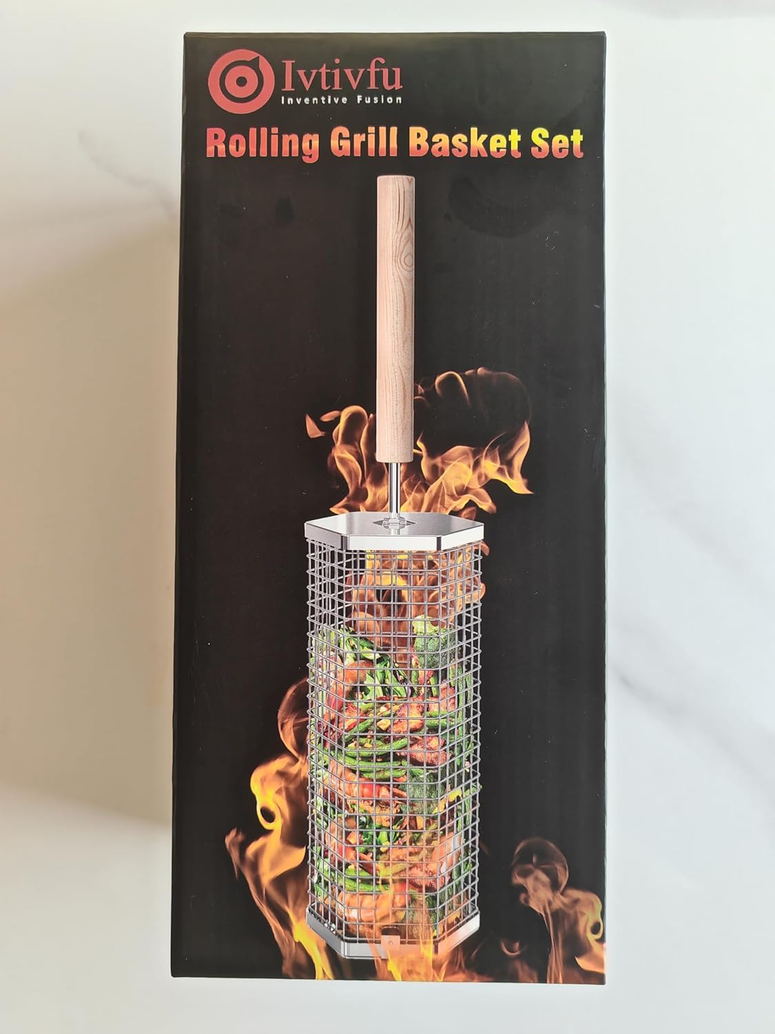Rolling Grill Baskets(2PCS, Hexagon), Removable Wooden Handle, 304 Stainless Steel, Nesting Grilling Net, BBQ Accessories Tools for Vegetables Shrimp, Outdoor Cooking Camping, Birthday Gifts for Men Dad Husband