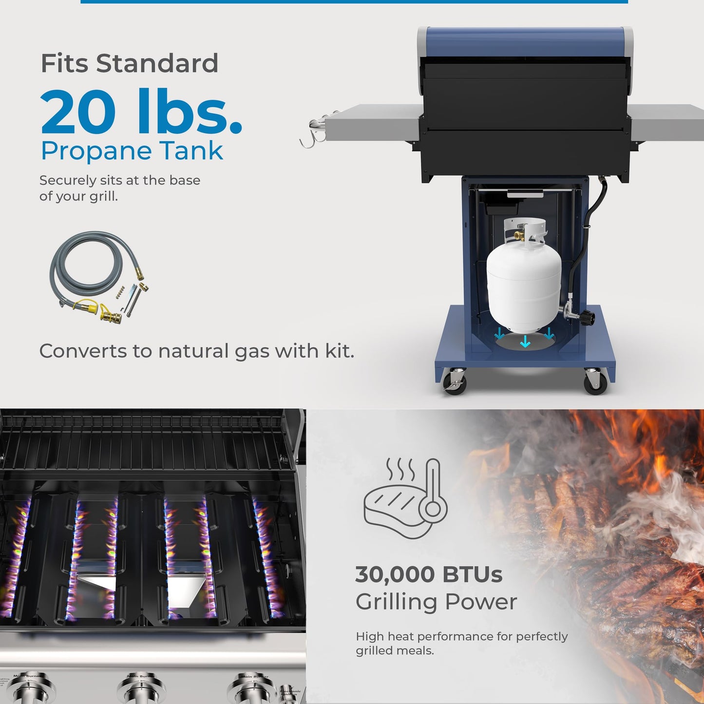 Kenmore 3-Burner Propane BBQ Grill, 30,000 BTUs Gas Grill with Cast Iron Cooking Grates, Folding Side Tables & Wheels, Outdoor Grill with Tool Hooks, Azure Blue