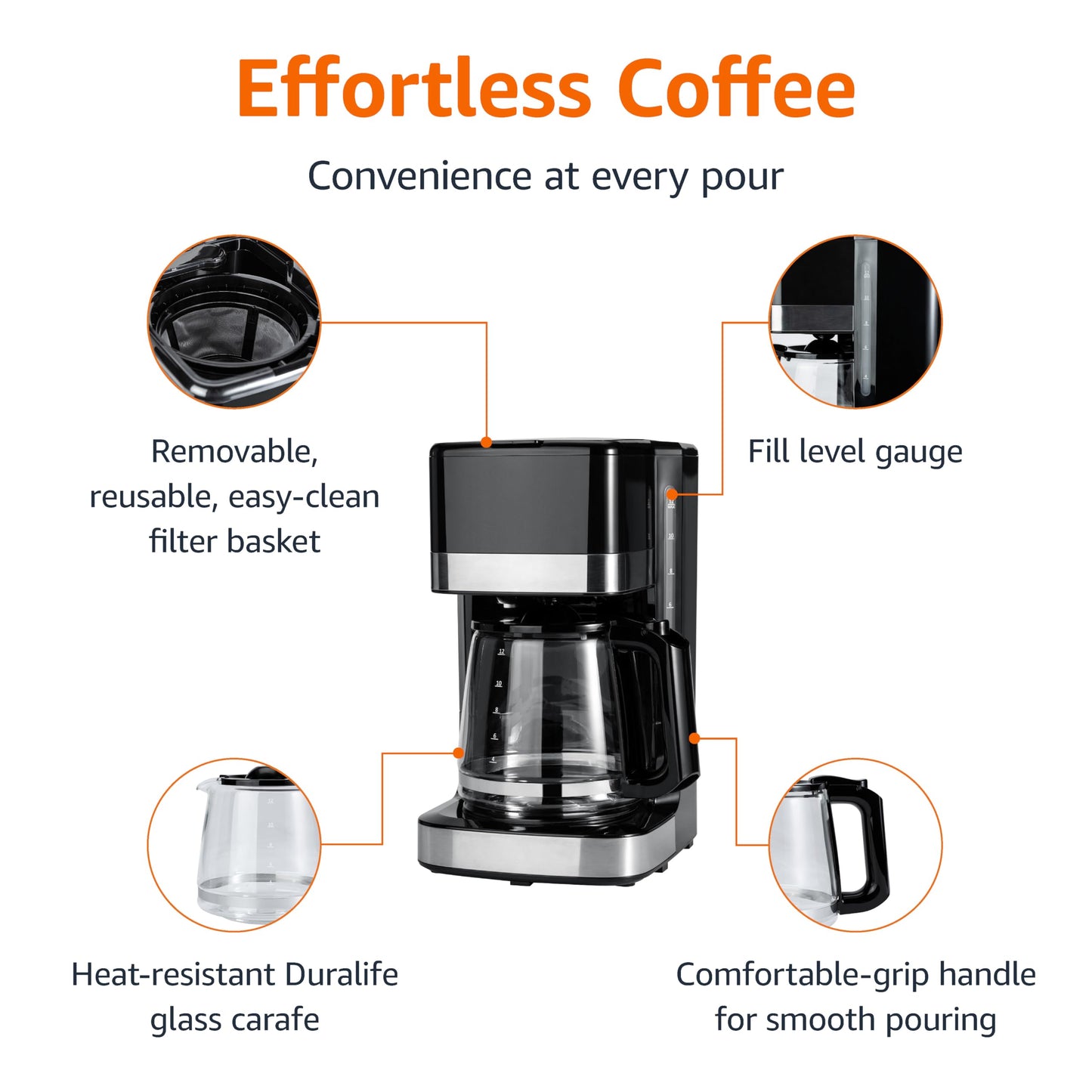 Amazon Basics Coffee Makers, 12-Cup Coffee Machines with Reusable Filter, Coffee Pots, Black & Stainless Steel