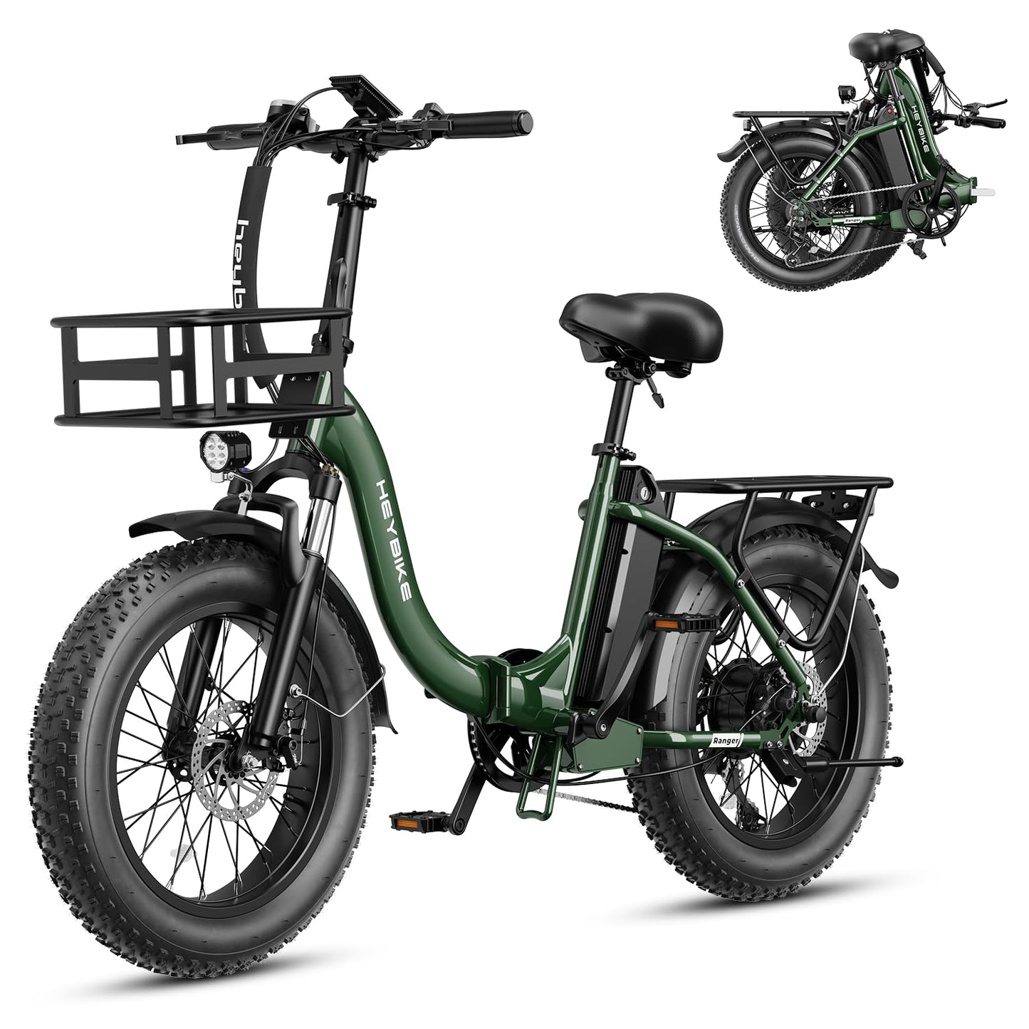 Heybike Ranger Electric Bike for Adults, Peak 1400W Upgraded Motor Ebike, 28MPH [20" Fat Tire All-Terrain] 600Wh Removable Battery Folding Step-Thru E Bike with Front Suspension
