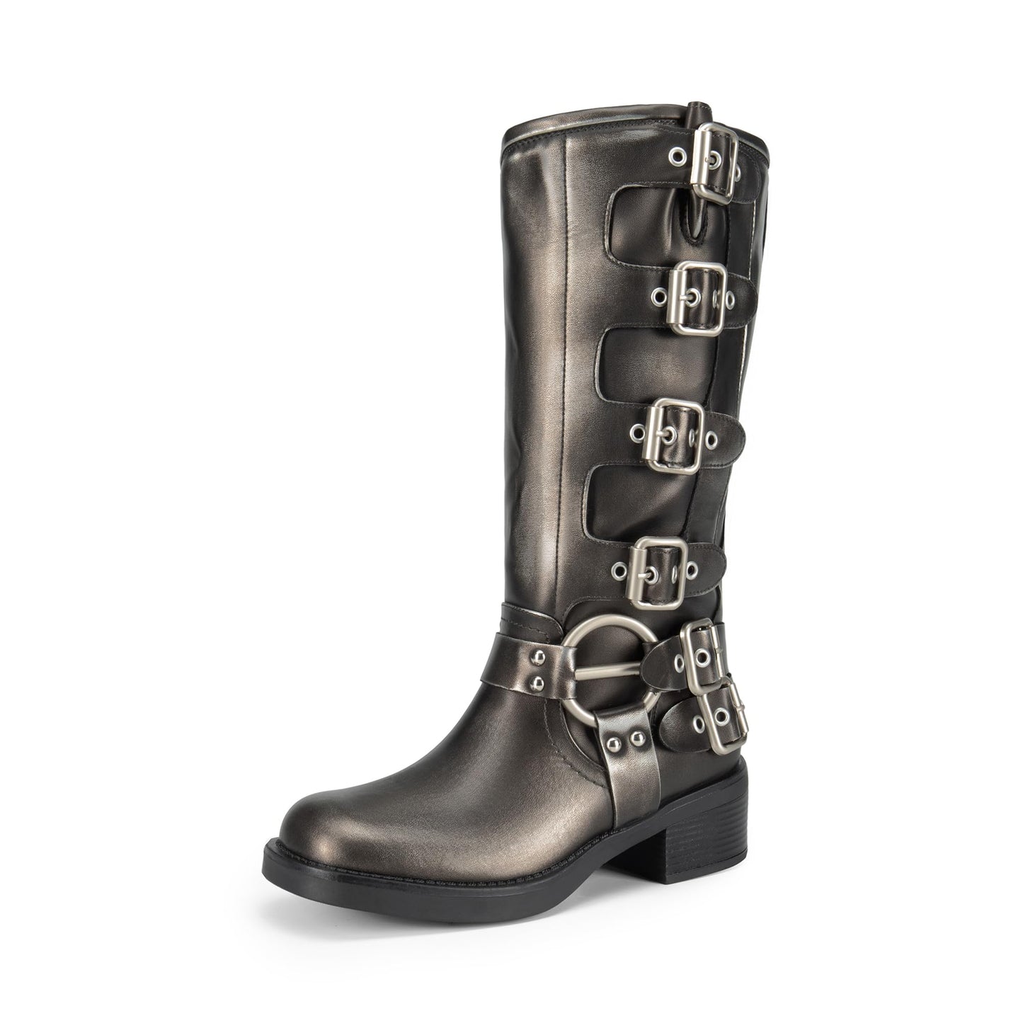 DREAM PAIRS Women's Knee High Riding Boots Slip On Motorcycle Boots Square Toe Chunky Heel Fashion Buckles Biker Boots