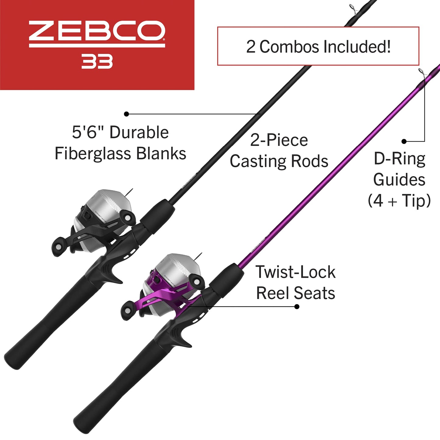 Zebco 33 Spincast Reel and Fishing Rod Combos (2-Pack), 5-Foot 6-Inch 2-Piece Fiberglass Rods with EVA Handle, Quickset Anti-Reverse Fishing Reels with Bite Alert, 1-Pink, 1-Black